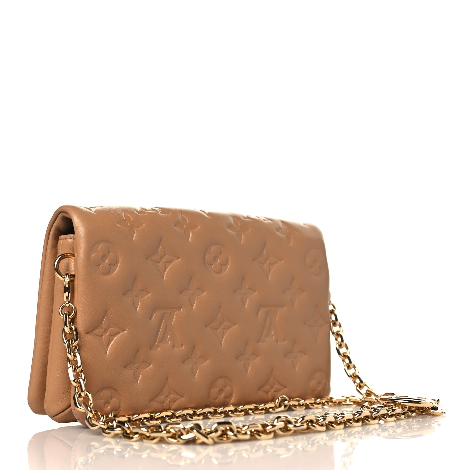 LOUIS VUITTON Lambskin Embossed Monogram Pochette Coussin Camel