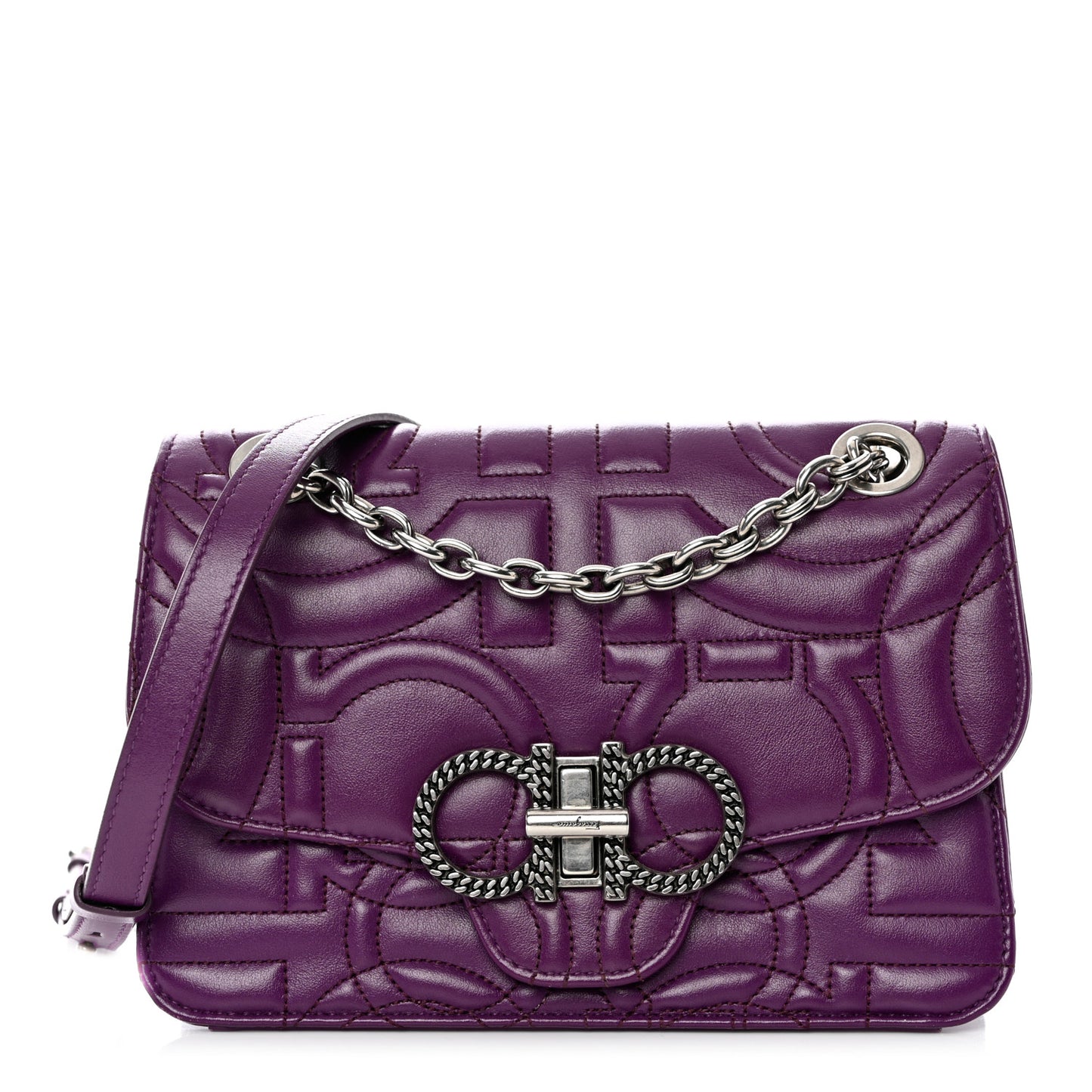 Calfskin Quilted Gancini Small Flap Bag Purple