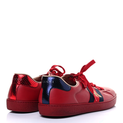 Gucci Miro Soft Calfskin Laminated Ayers Web Bee Embroidered Mens Ace Sneakers 10.5 Hibiscus Red Red Flame Notte 3 of 7