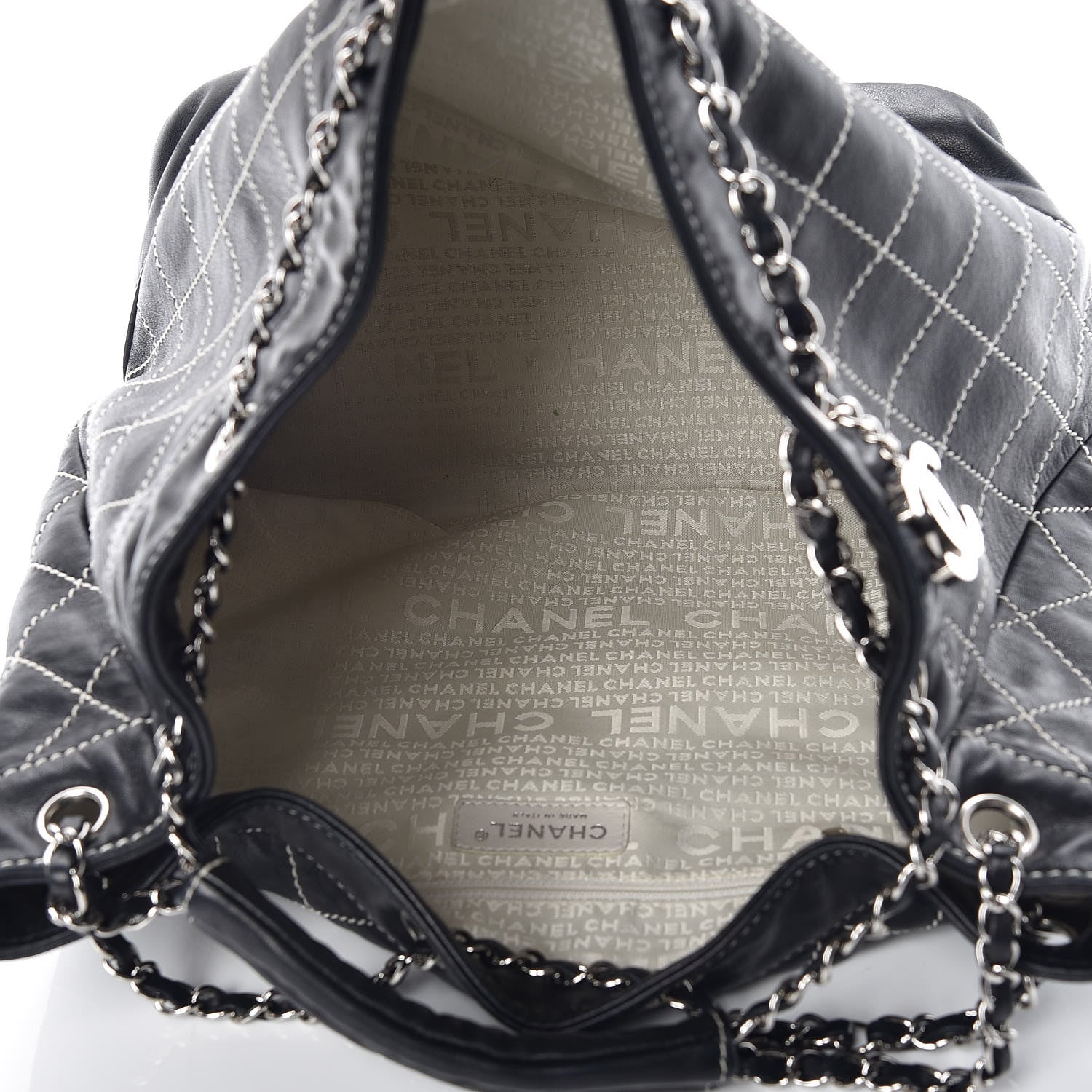 Chanel Lambskin Contrast Stitch Large Drawstring Tote Black 7 of 13