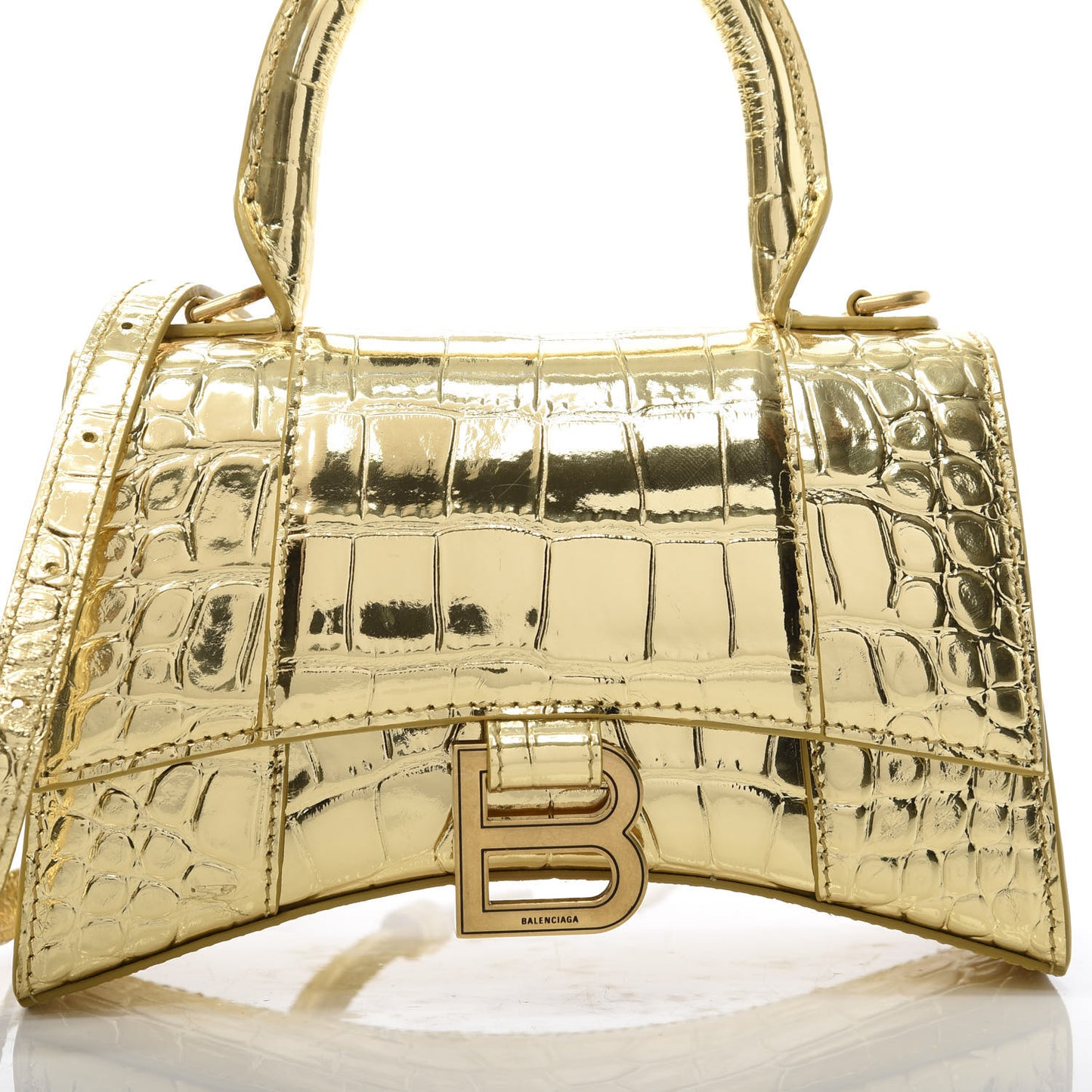 Metallic Calfskin Crocodile Embossed Hourglass Top Handle Bag XS Gold