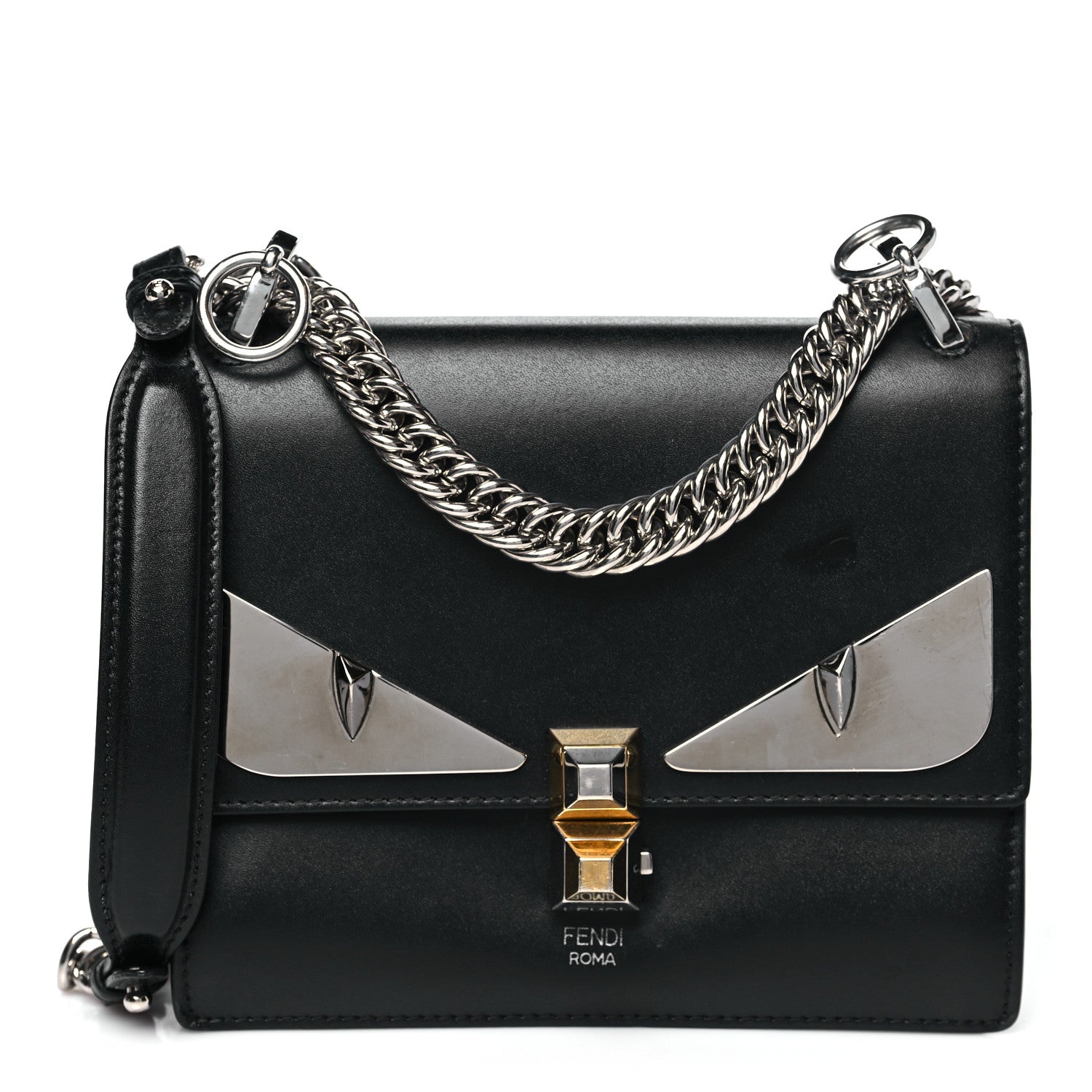 Fendi Vitello Liberty Lucido Metal Monster Eyes Studded Small Kan I Shoulder Bag Black 1 of 10