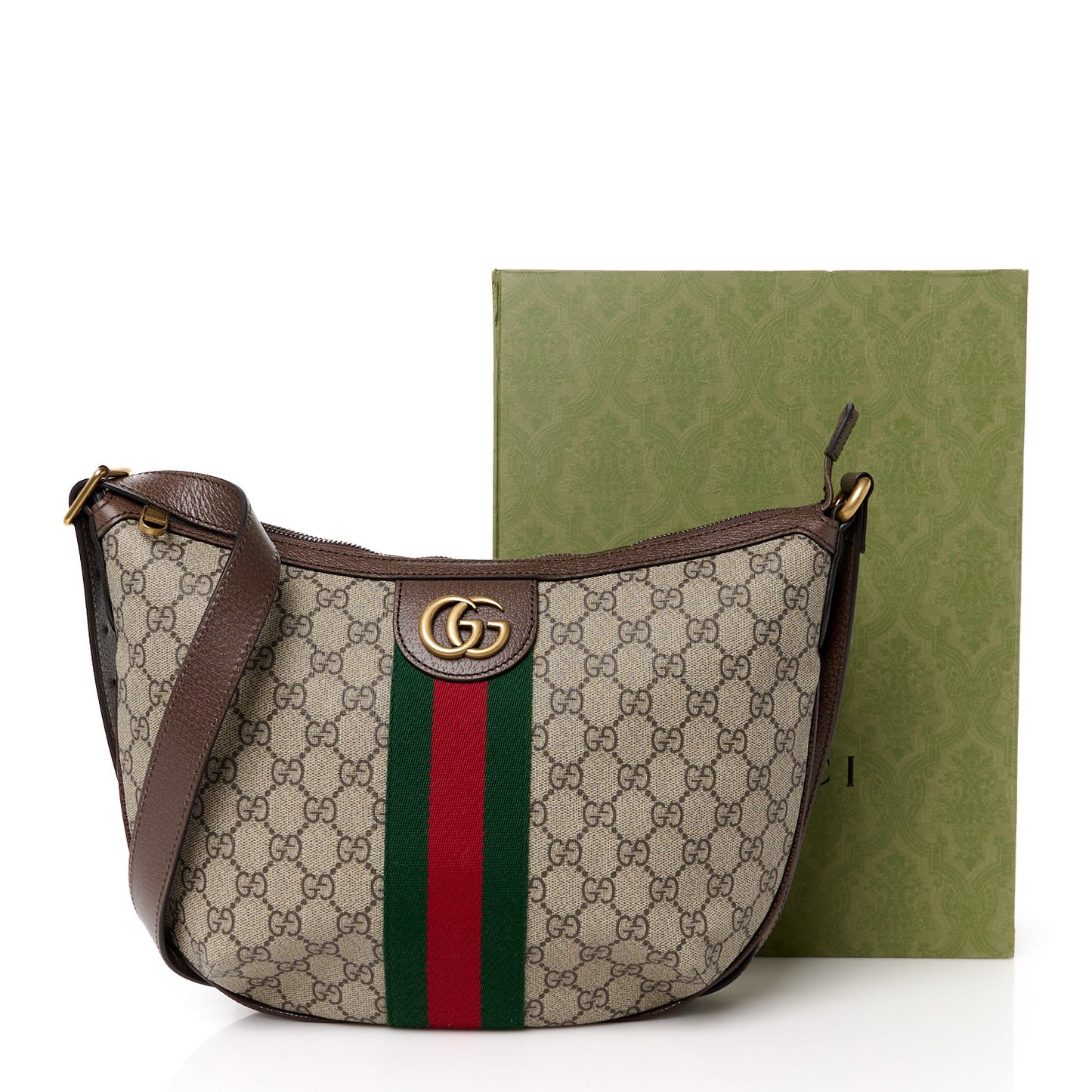GG Supreme Monogram Textured Dollar Calfskin Web Small Ophidia Half Moon Hobo Beige Ebony New Acero