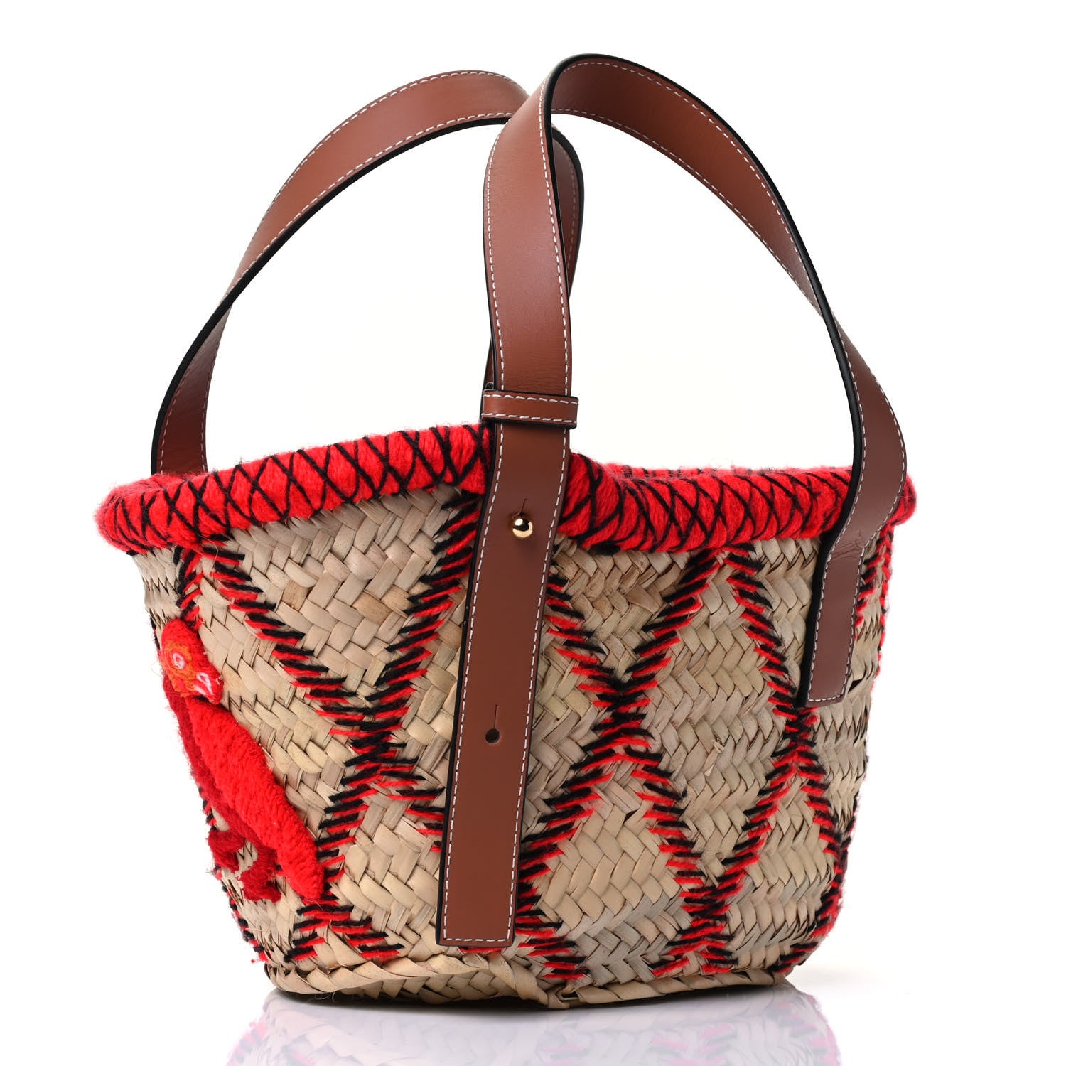 Loewe Embroidered Raffia Basket Tote Bag Natural Tan Red 2 of 4