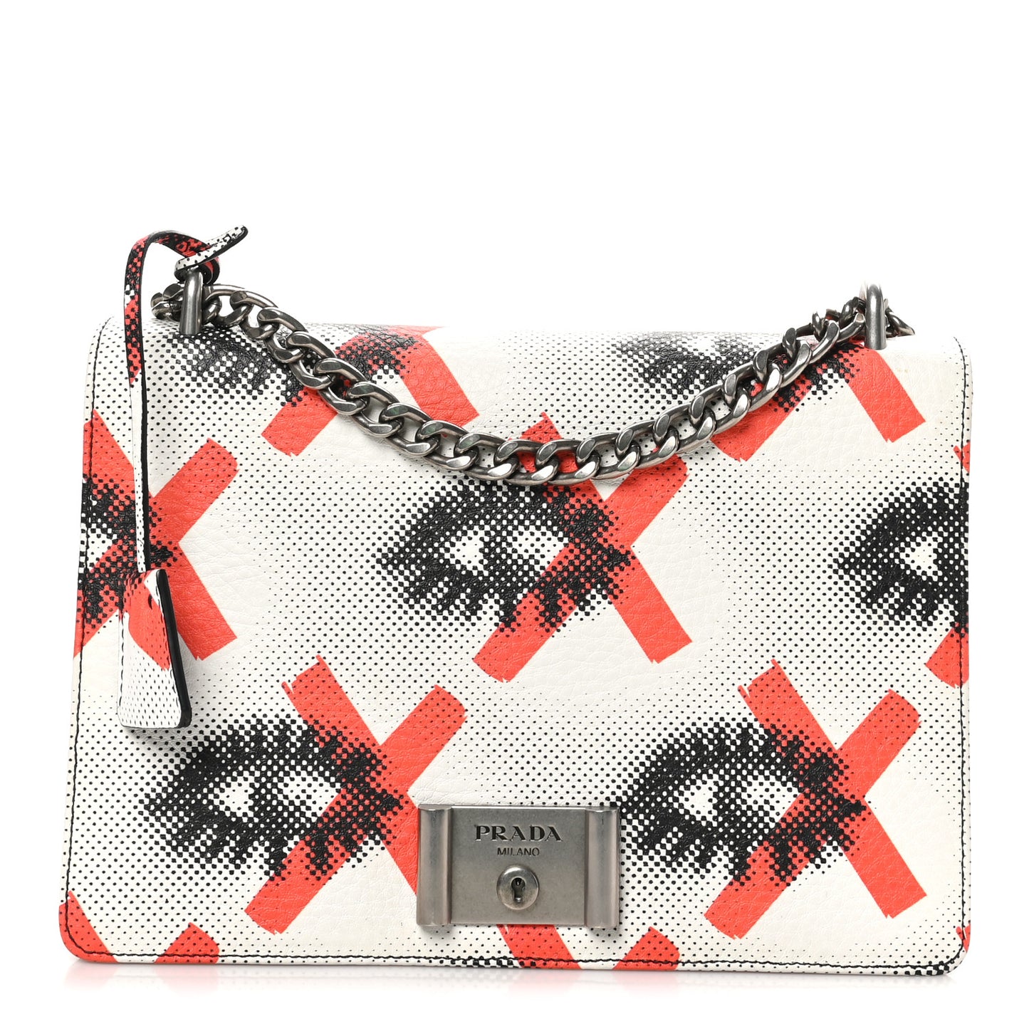 Vitello Daino Eye Inside Lock Flap Chain Shoulder Bag Bianco Arancio