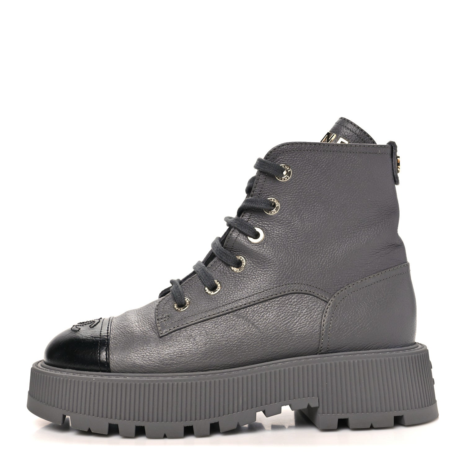 Chanel Grained Calfskin Shiny Calfskin CC Lace Up Combat Boots 39.5 Grey 1 of 10