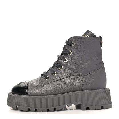 Chanel Grained Calfskin Shiny Calfskin CC Lace Up Combat Boots 39.5 Grey 1 of 10