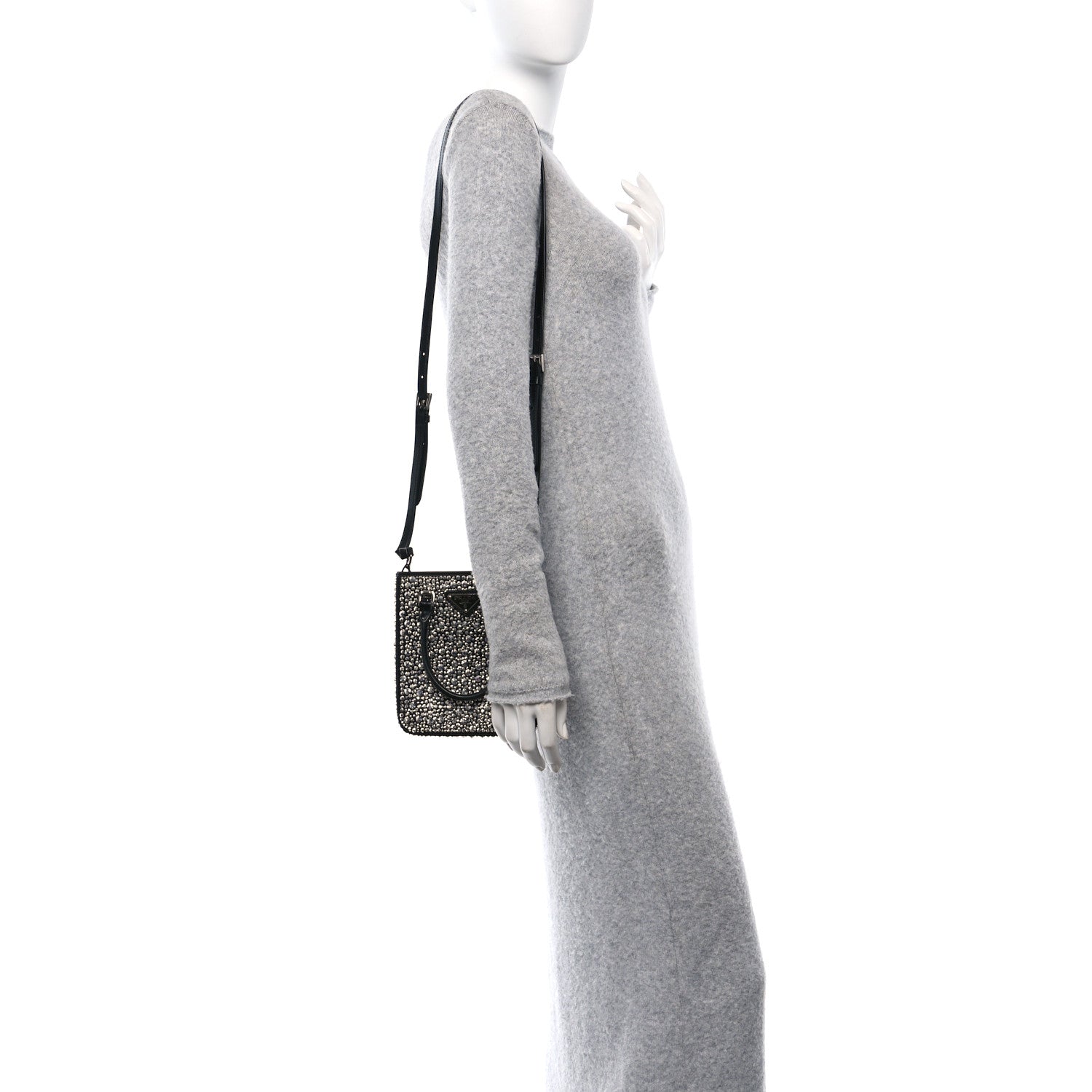 Prada Satin Crystal Metal Triangle Logo Small Double Handle Crossbody Tote Metal 2 of 9