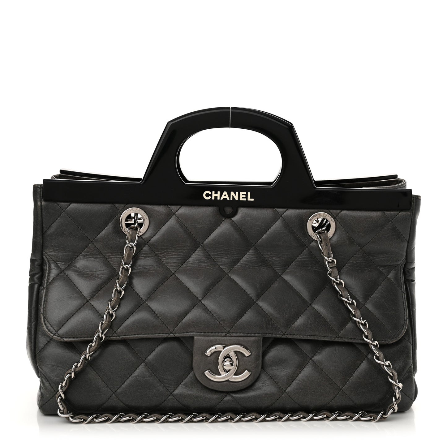 Glazed Calfskin Quilted Small CC Delivery Tote Grey