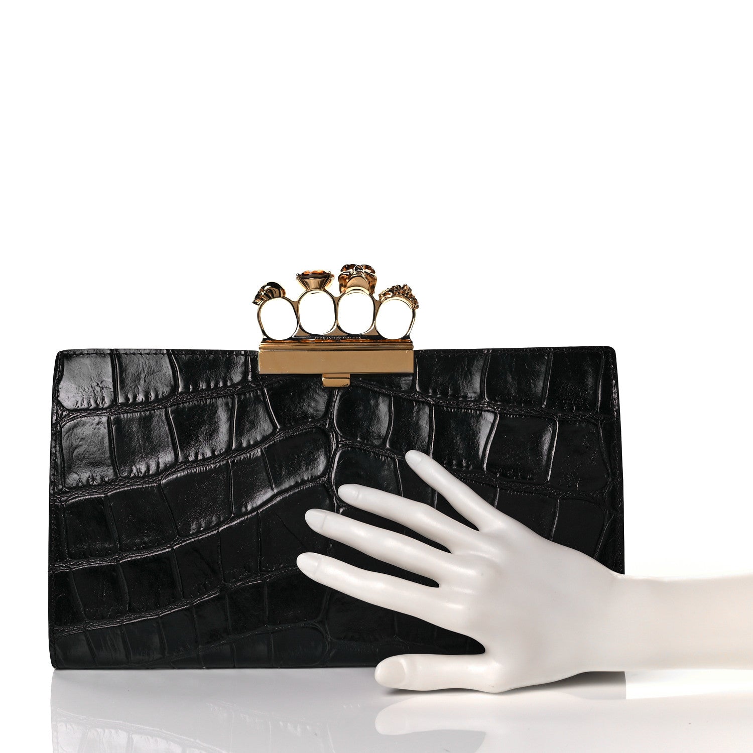 Alexander McQueen Calfskin Crocodile Embossed Knuckle Flat Clutch Black Gold 2 of 8