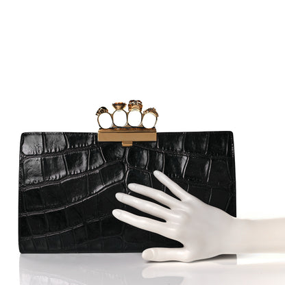 Alexander McQueen Calfskin Crocodile Embossed Knuckle Flat Clutch Black Gold 2 of 8