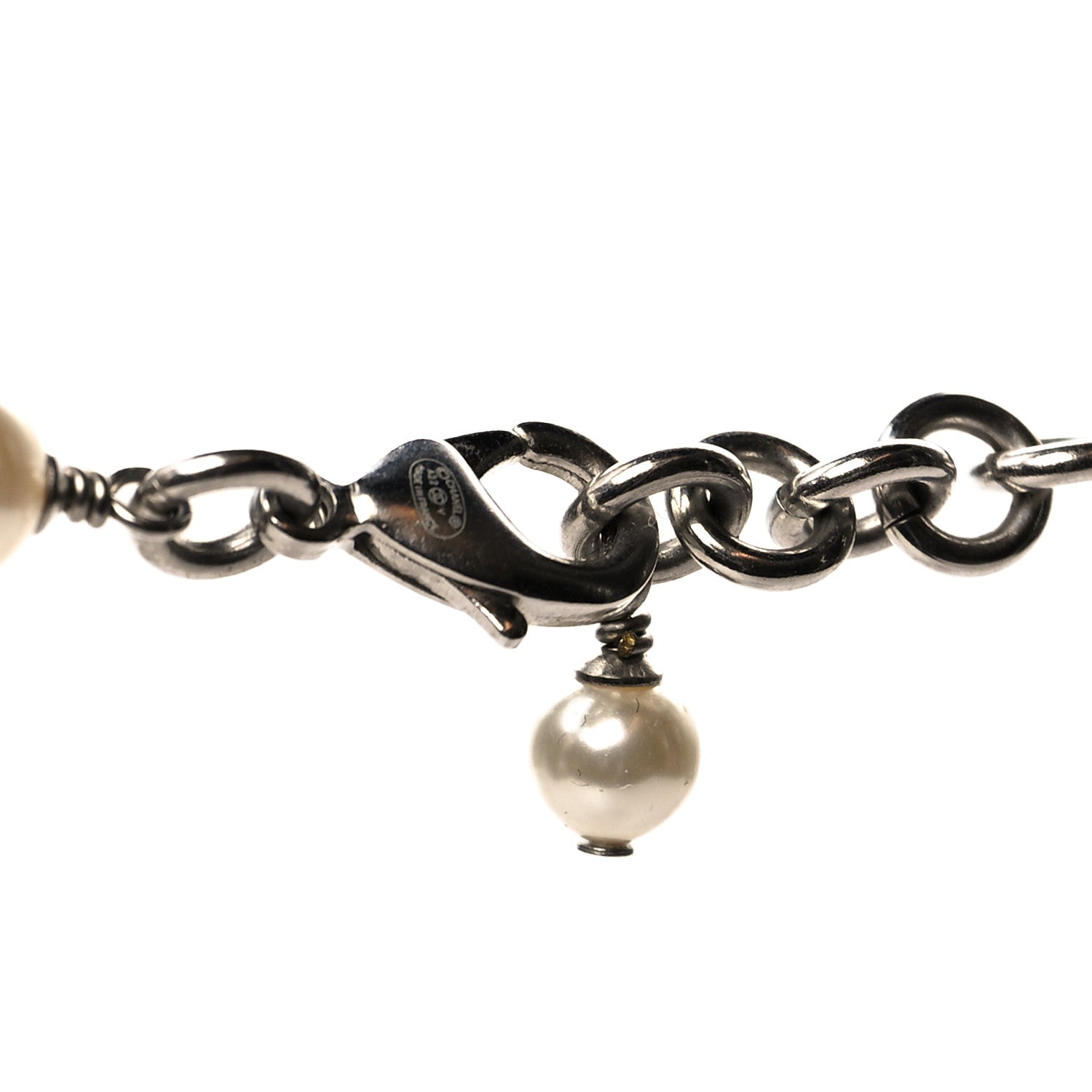 Chanel Graduated Pearl Crystal CC Long Necklace Silver 4 of 5