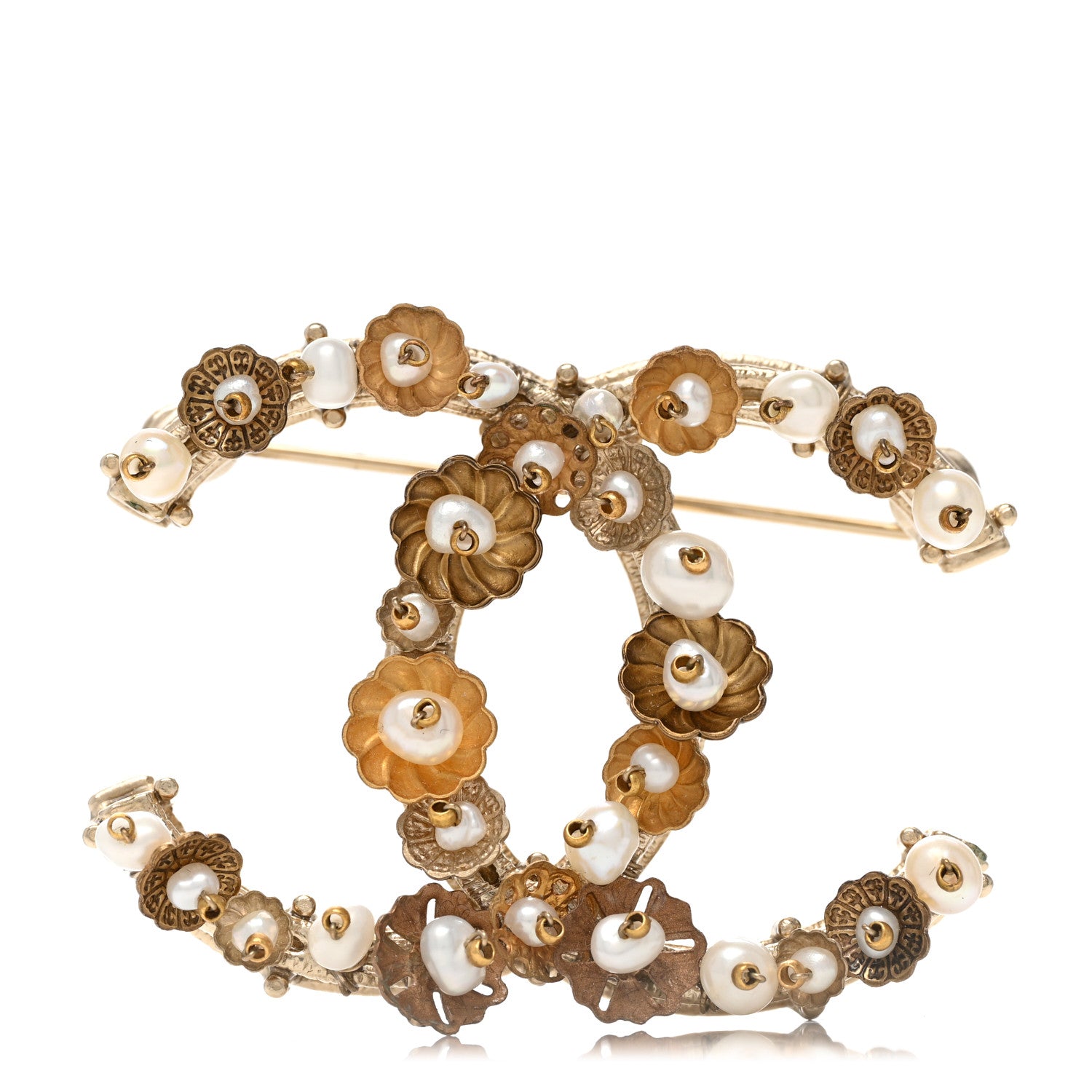 Chanel Pearl Camelia CC Brooch Gold 1 of 5