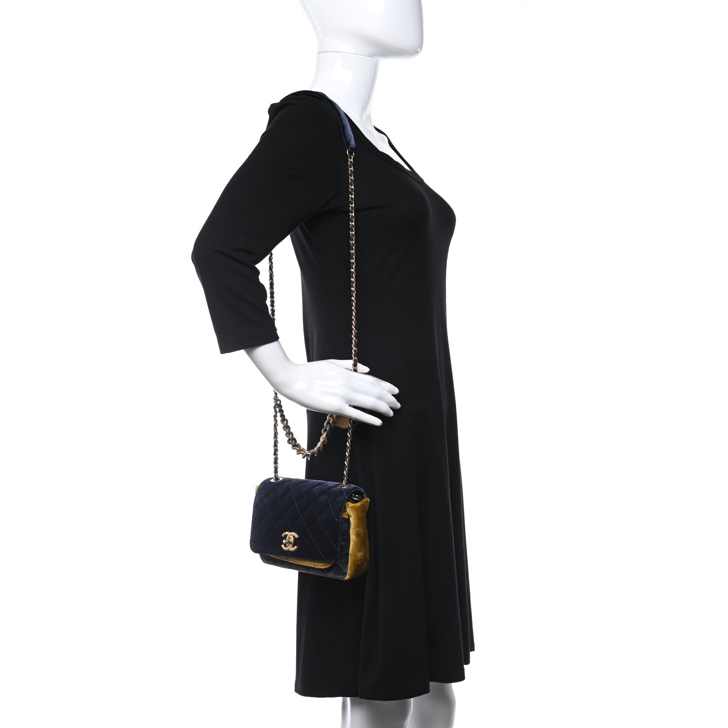 Chanel Velvet Quilted Small Camellia Flap Navy Yellow Charcoal 2 of 9