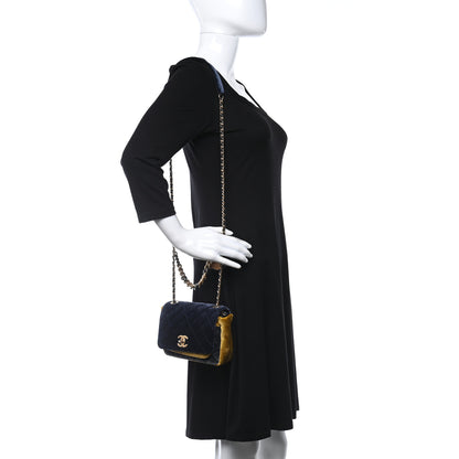 Chanel Velvet Quilted Small Camellia Flap Navy Yellow Charcoal 2 of 9
