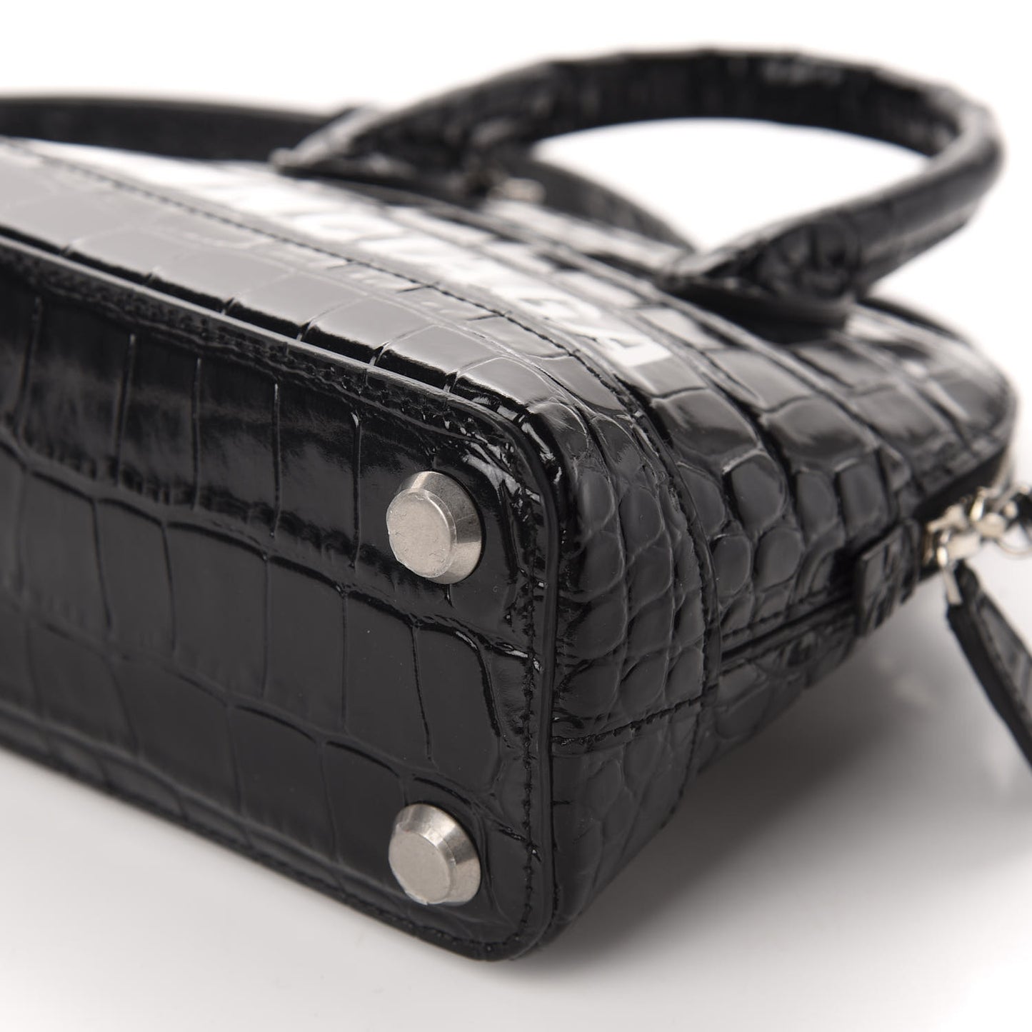 Shiny Calfskin Logo Crocodile Embossed XXS Ville Top Handle Bag Black White