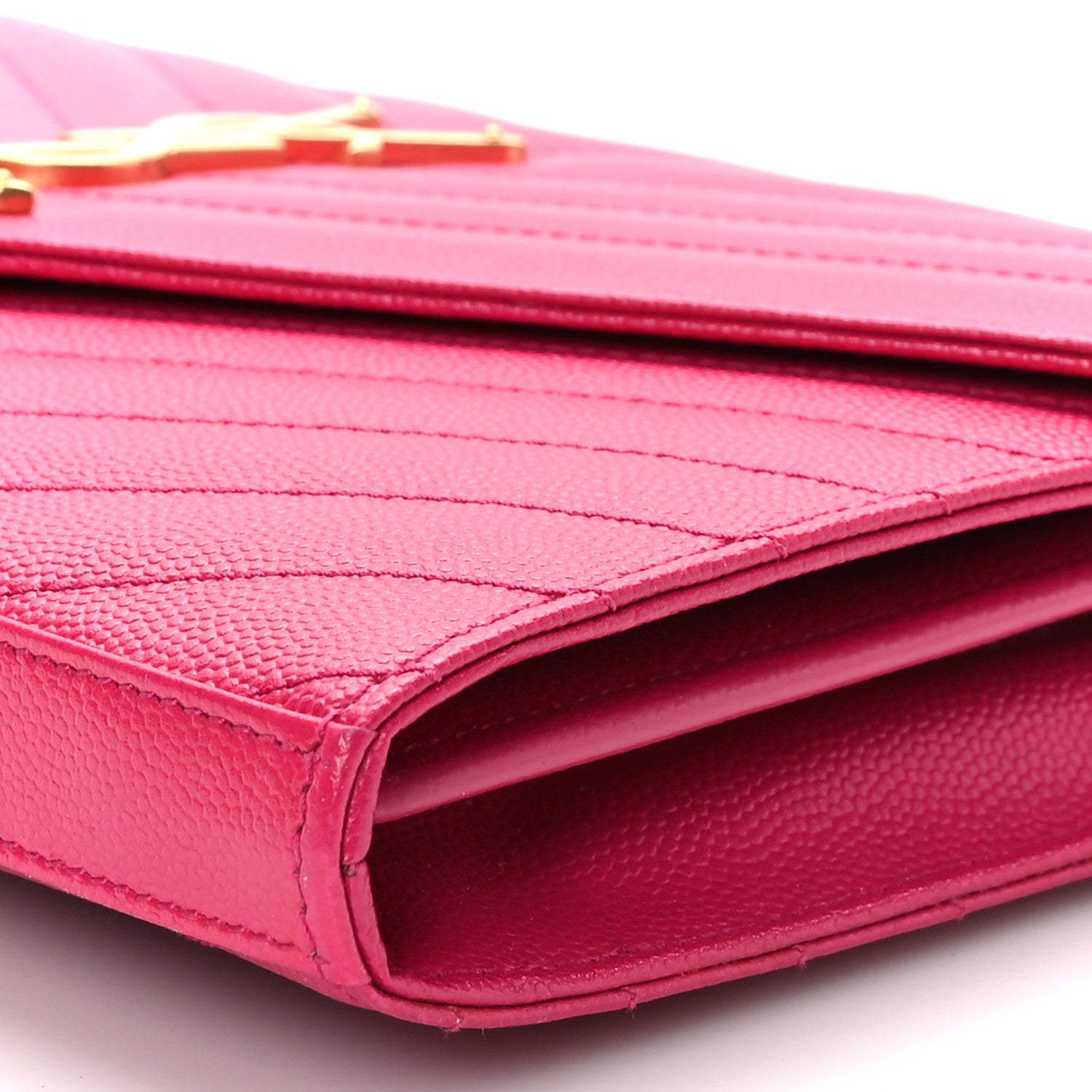 Saint Laurent Grain De Poudre Matelasse Chevron Cassandre Chain Wallet Lipstick Fuschia 8 of 8
