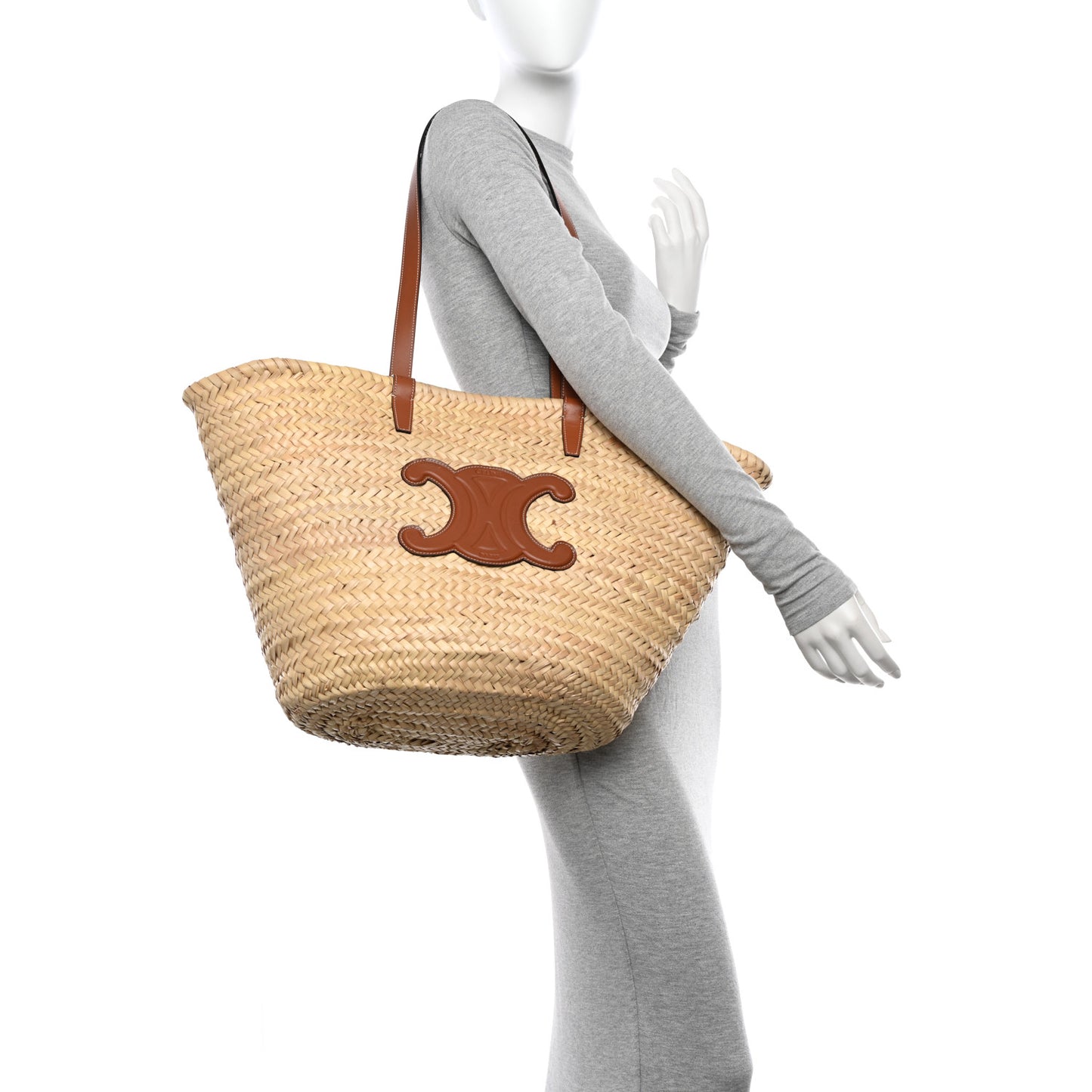 Raffia Calfskin Triomphe Medium Panier Tan