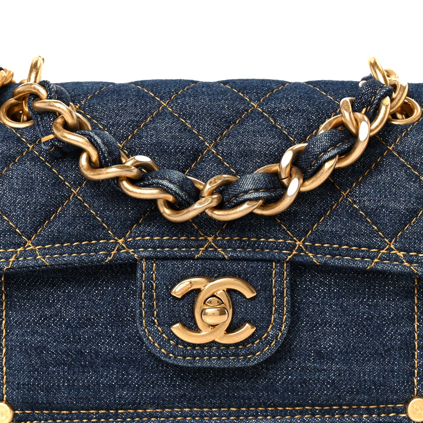 Denim Quilted Double You Mini Flap  Blue Golden