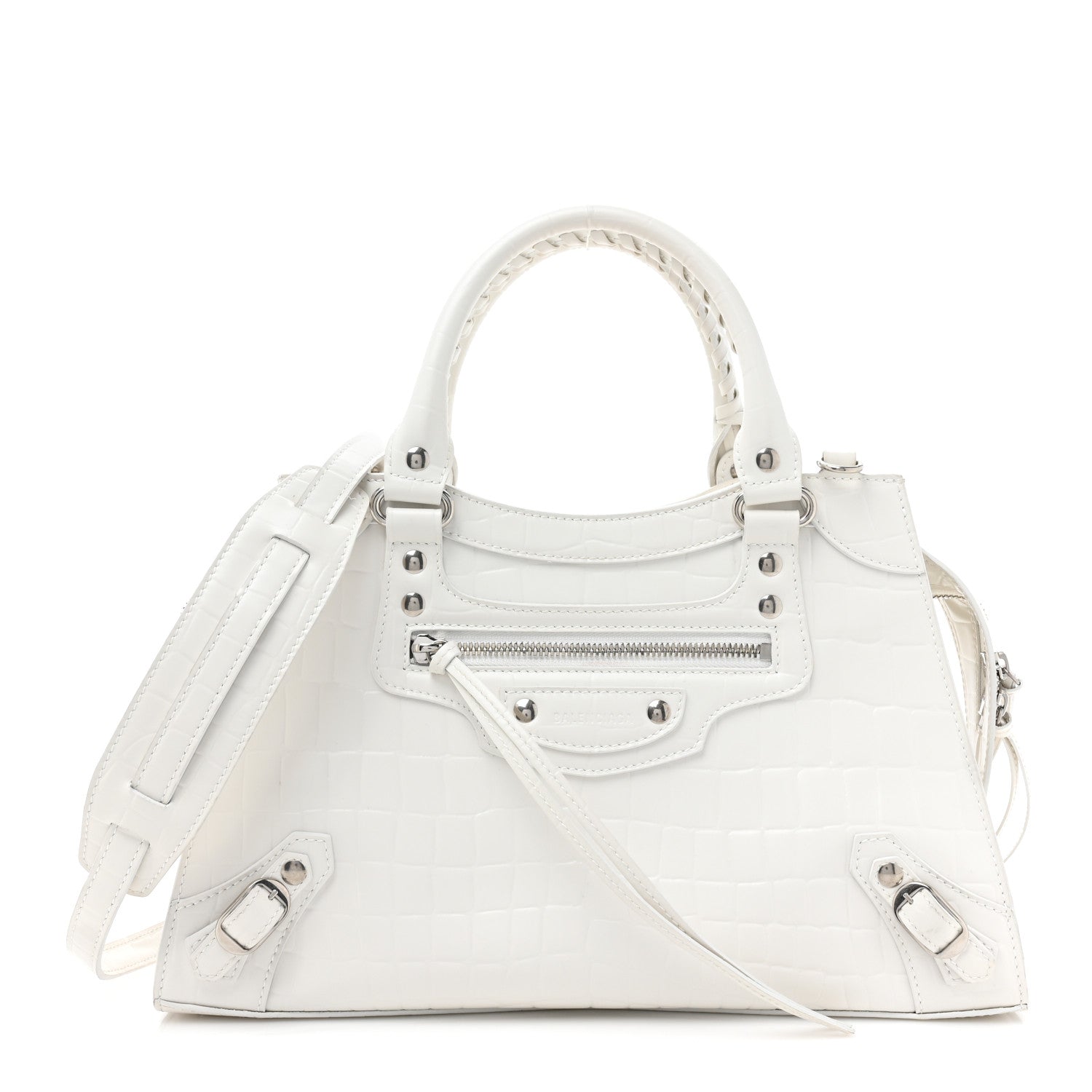 Balenciaga Semi Shiny Calfskin Crocodile Embossed Neo Classic Silver Hardware S City White 1 of 14