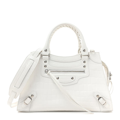 Balenciaga Semi Shiny Calfskin Crocodile Embossed Neo Classic Silver Hardware S City White 1 of 14