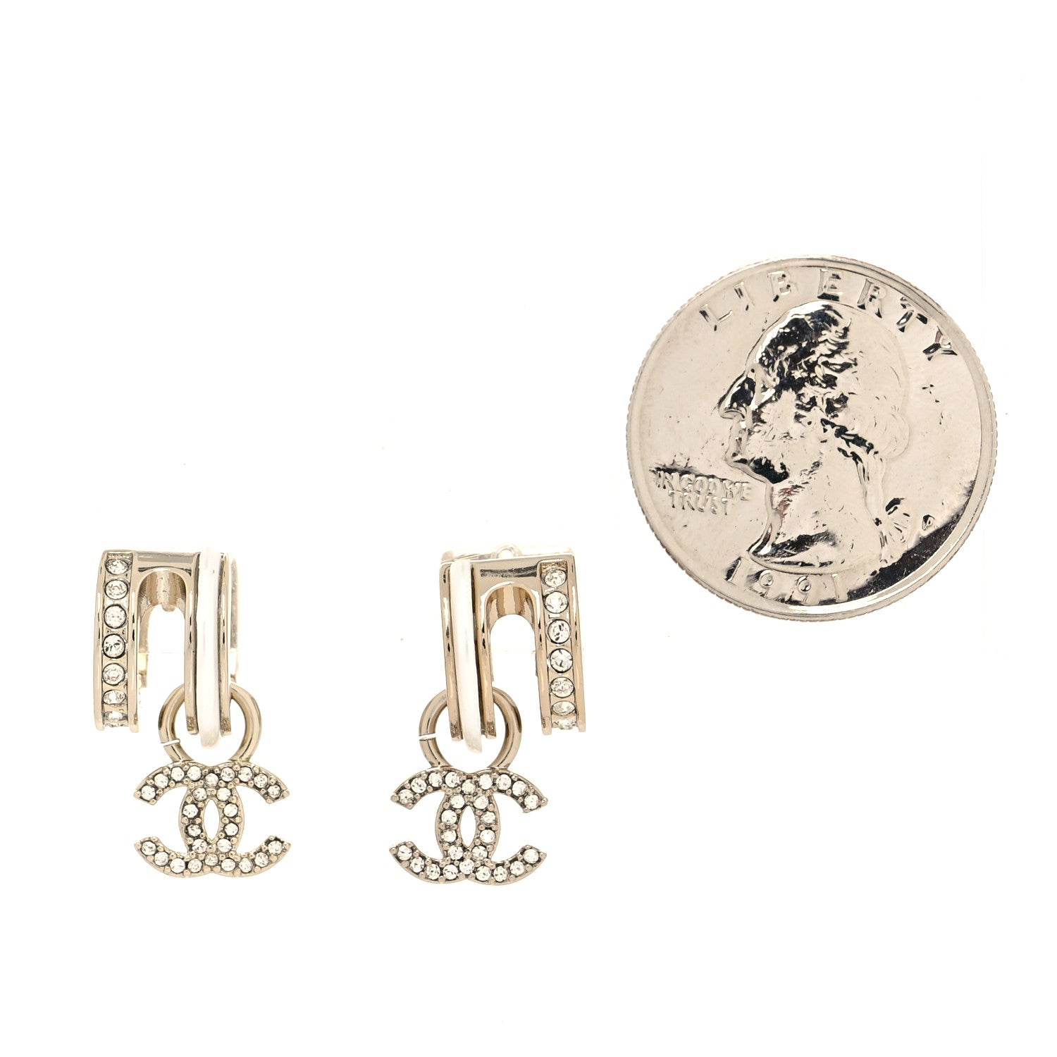 Chanel Crystal CC Hoop Drop Earrings Gold Pearly White 2 of 3