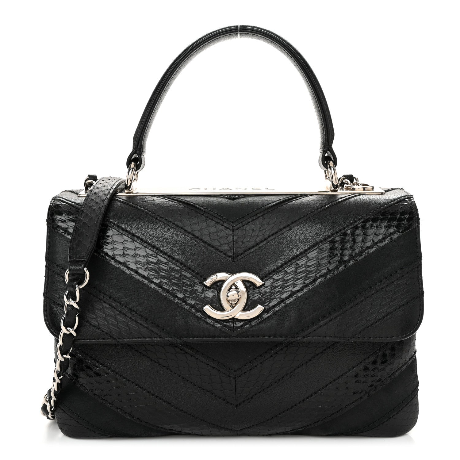 Chanel Calfskin Sheepskin Watersnake Chevron Quilted CC Small Trendy CC Dual Handle Flap Bag Black 1 of 28