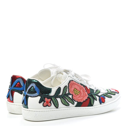Gucci Calfskin Web Floral Embroidered Womens Ace Sneakers 37.5 White 4 of 10