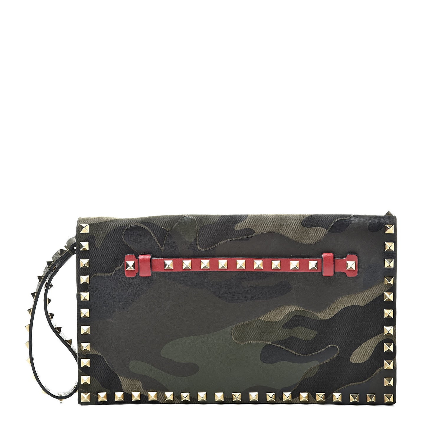 Nappa Canvas Camouflage Rockstud Wristlet Clutch Verde Rouge