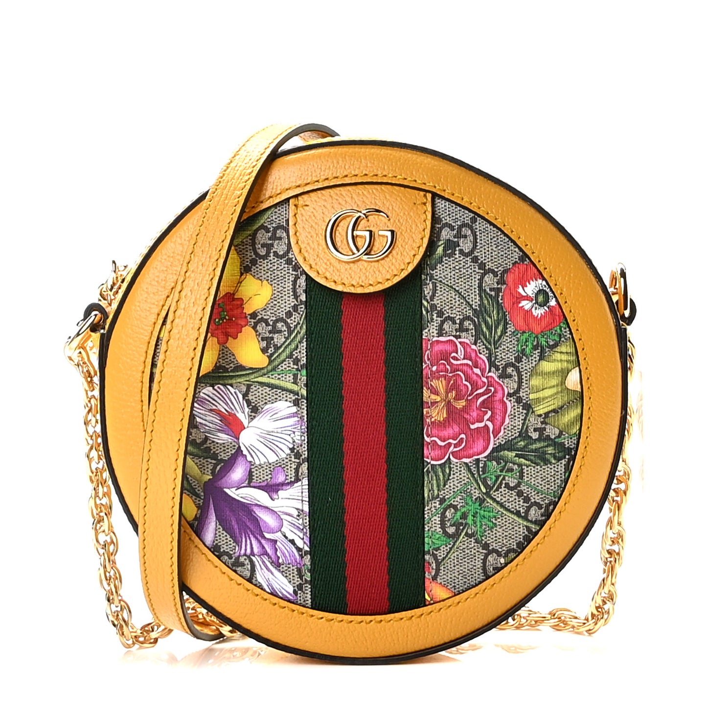 GG Supreme Monogram Flora Web Mini Ophidia Round Shoulder Bag Beige Multicolor Crop