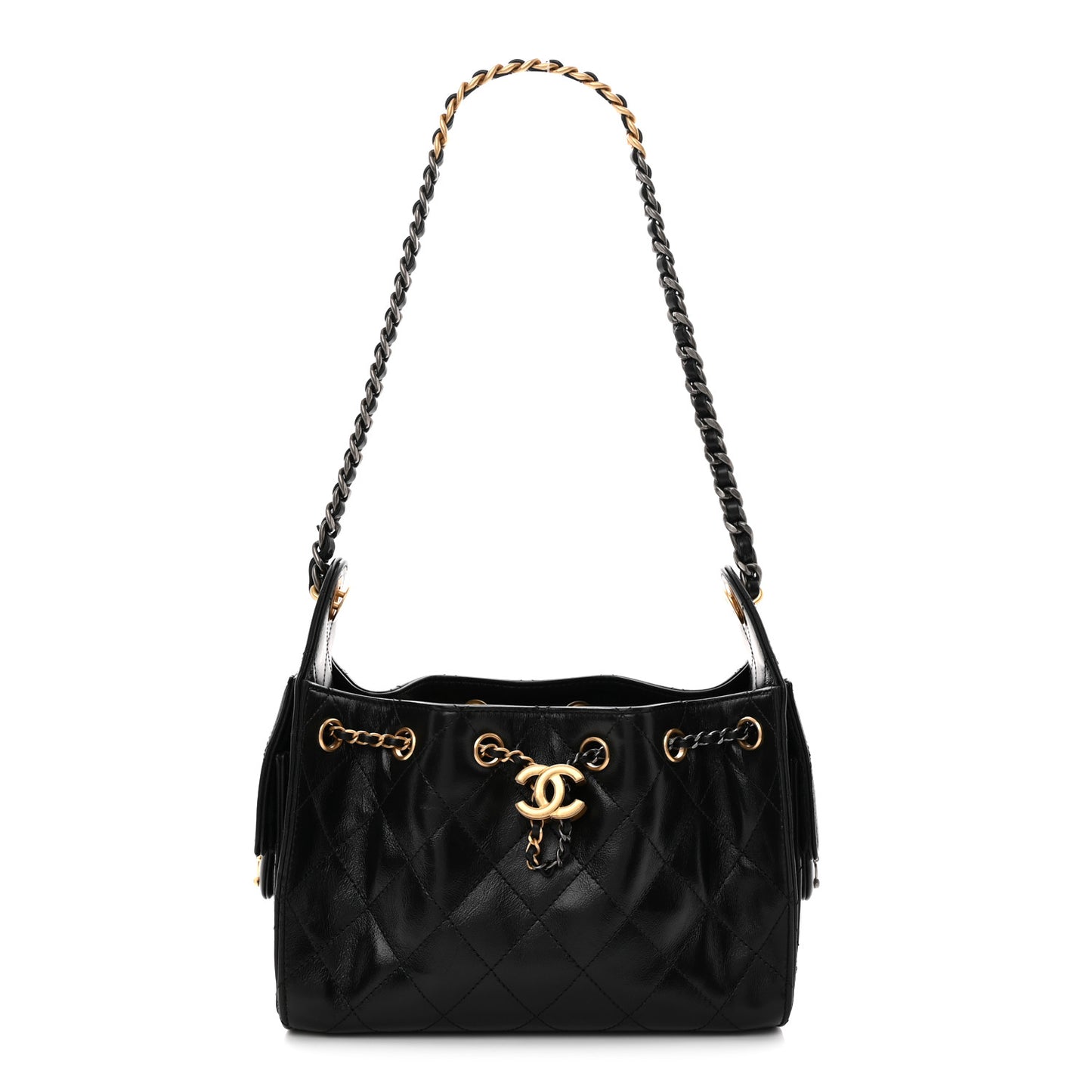 Shiny Crumpled Calfskin Quilted Mini Chanel 25 Handbag Black