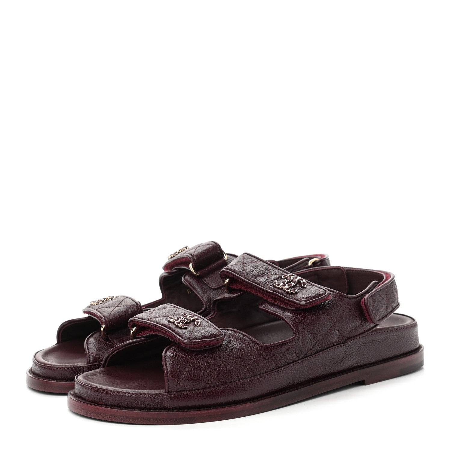 Chanel Grained Calfskin Quilted Velcro Dad Sandals 41 Burgundy 3 of 9
