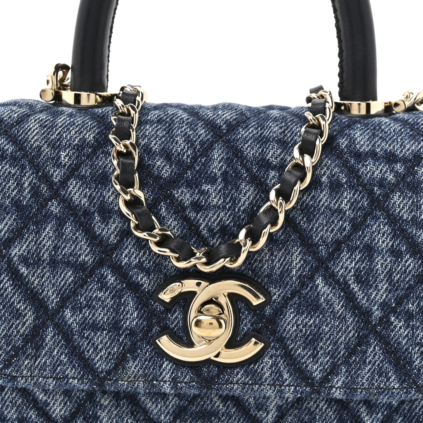 Washed Denim Calfskin Quilted Coco Handle Clutch With Chain Blue