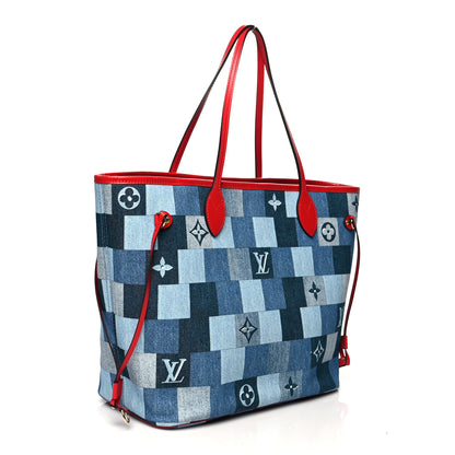 Louis Vuitton Denim Damier Monogram Patchwork Neverfull Blue Rouge 4 of 12