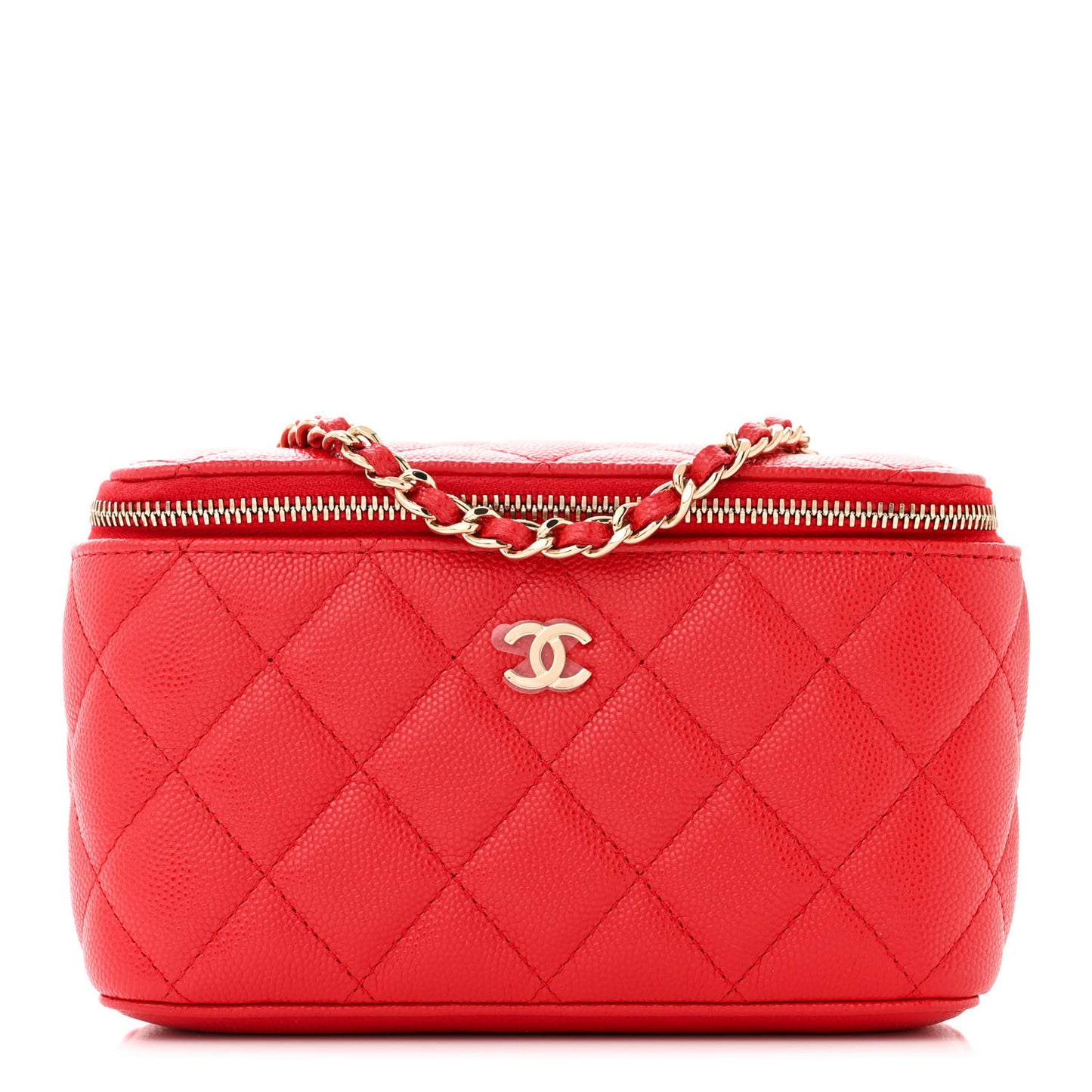 Caviar Quilted Small Vanity Case With Chain Red