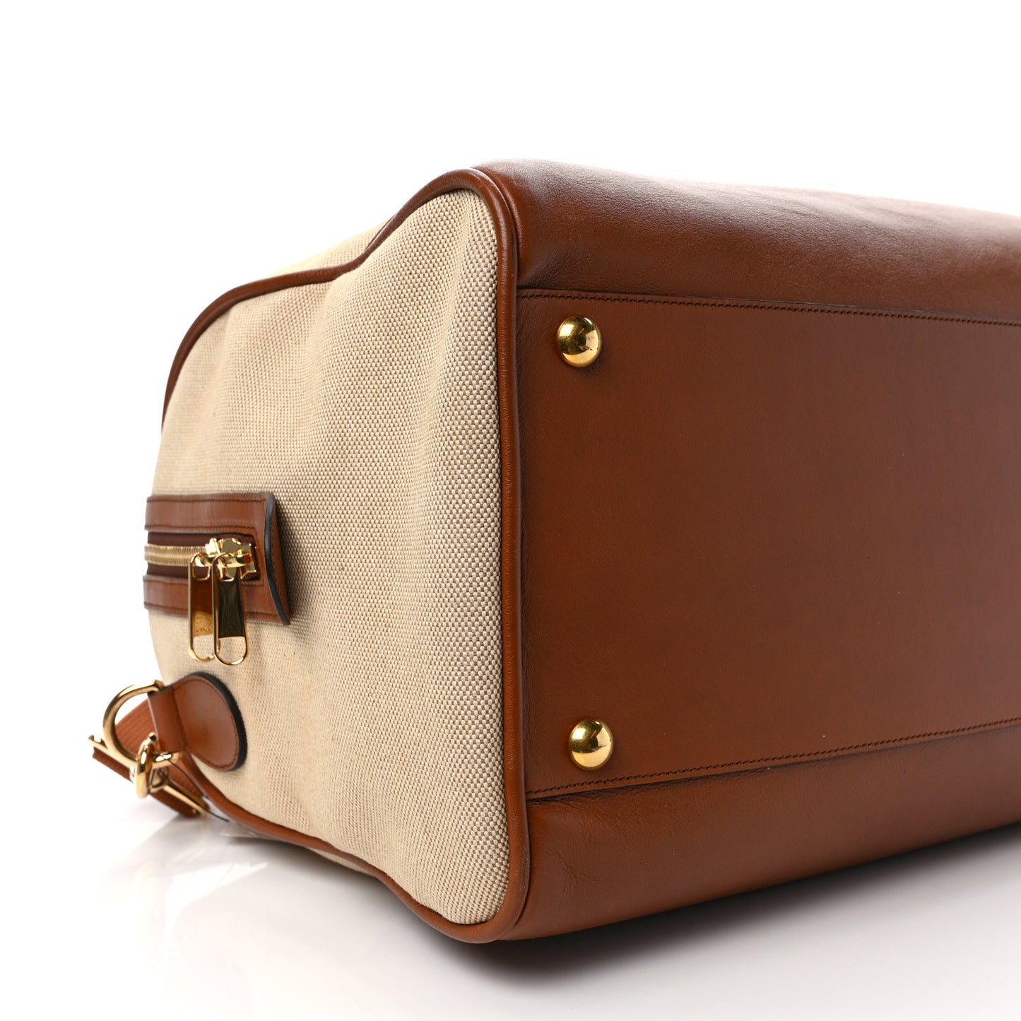Canvas Calfskin Vintage Web Travel Duffle Bag Beige Cuir