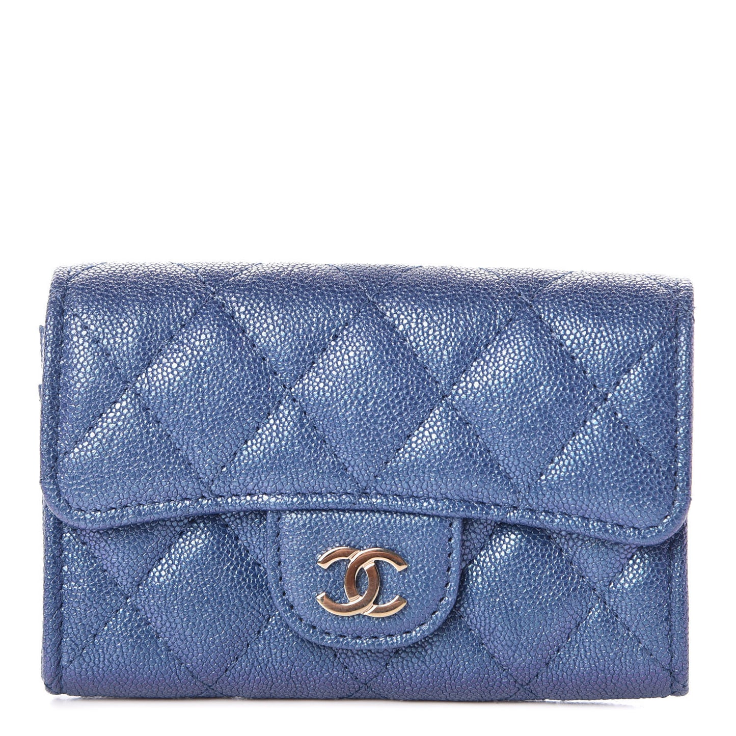 Iridescent Caviar Quilted Flap Card Holder Dark Blue