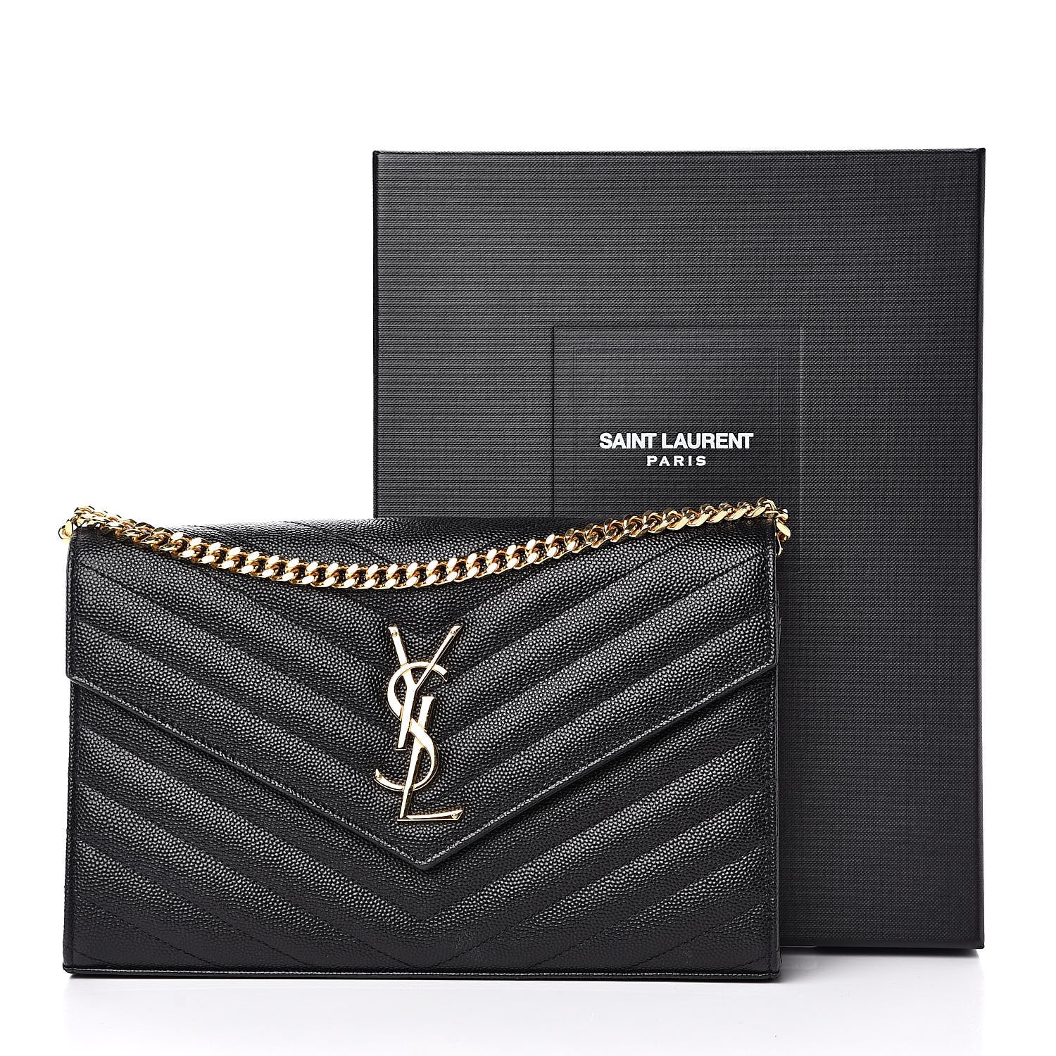 Saint Laurent Grain De Poudre Matelasse Chevron Monogram Chain Wallet Black 13 of 13