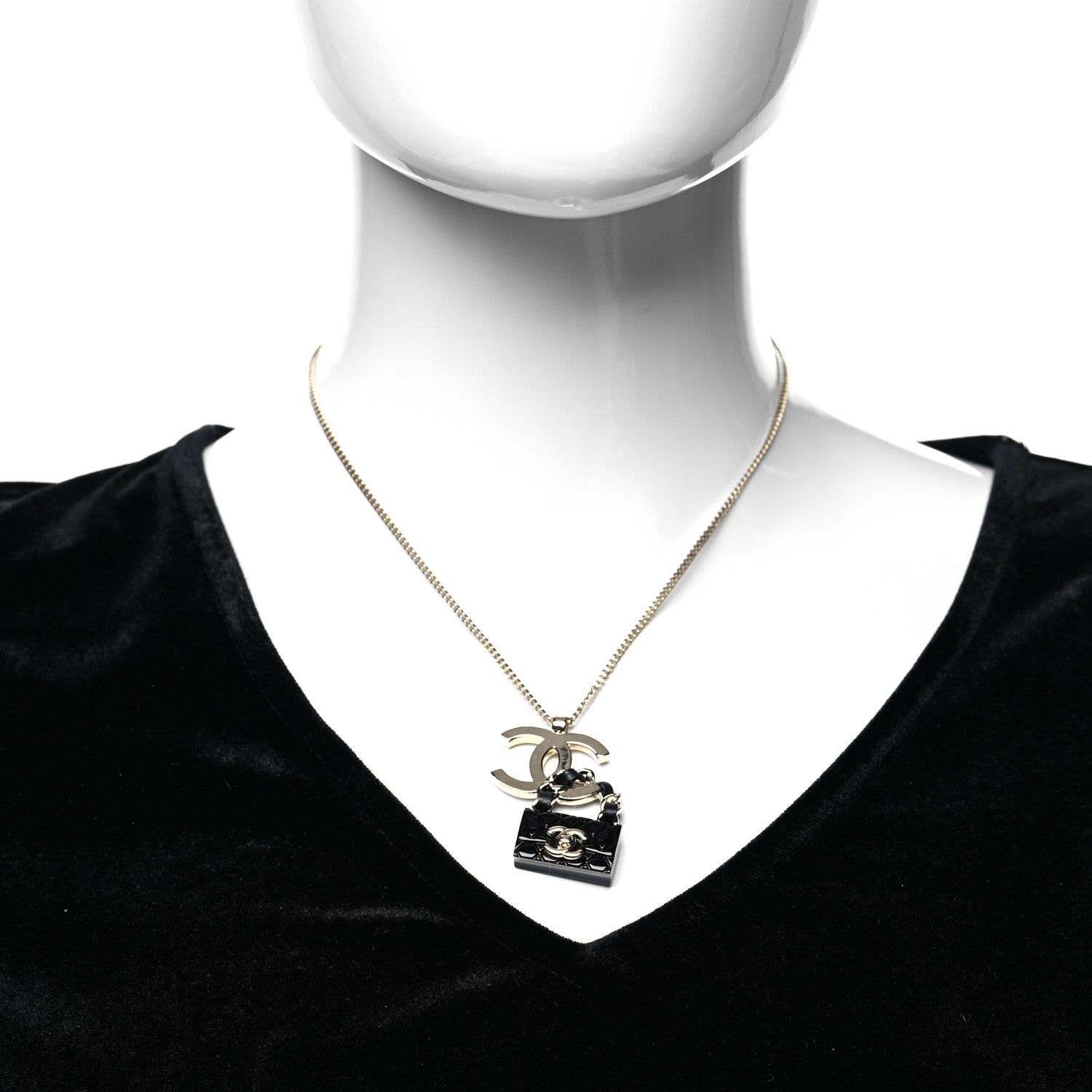 Chanel Metal Lambskin CC Flap Bag Necklace Gold Black 2 of 5