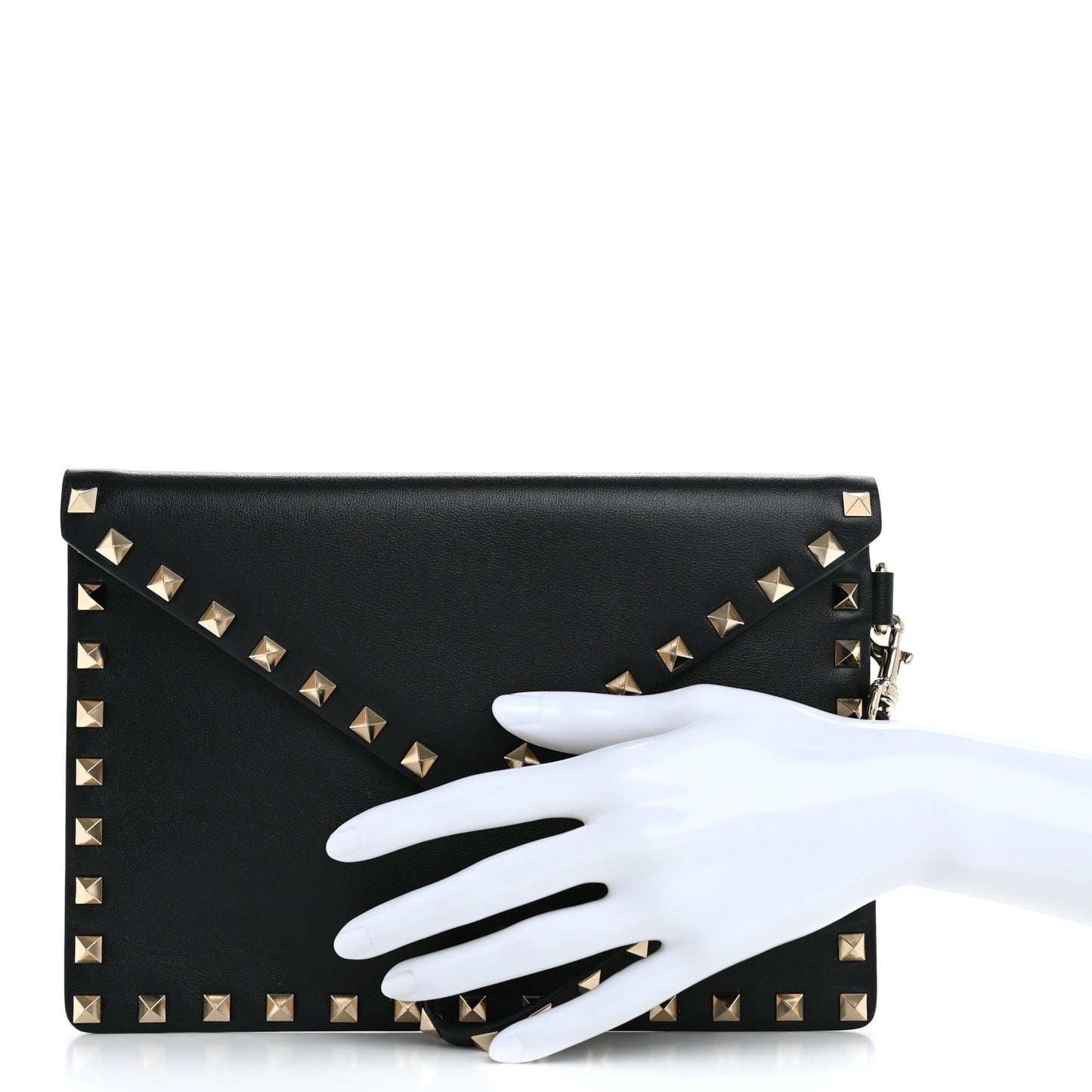Vitello Medium Rockstud Envelope Flat Wristlet Pouch Black