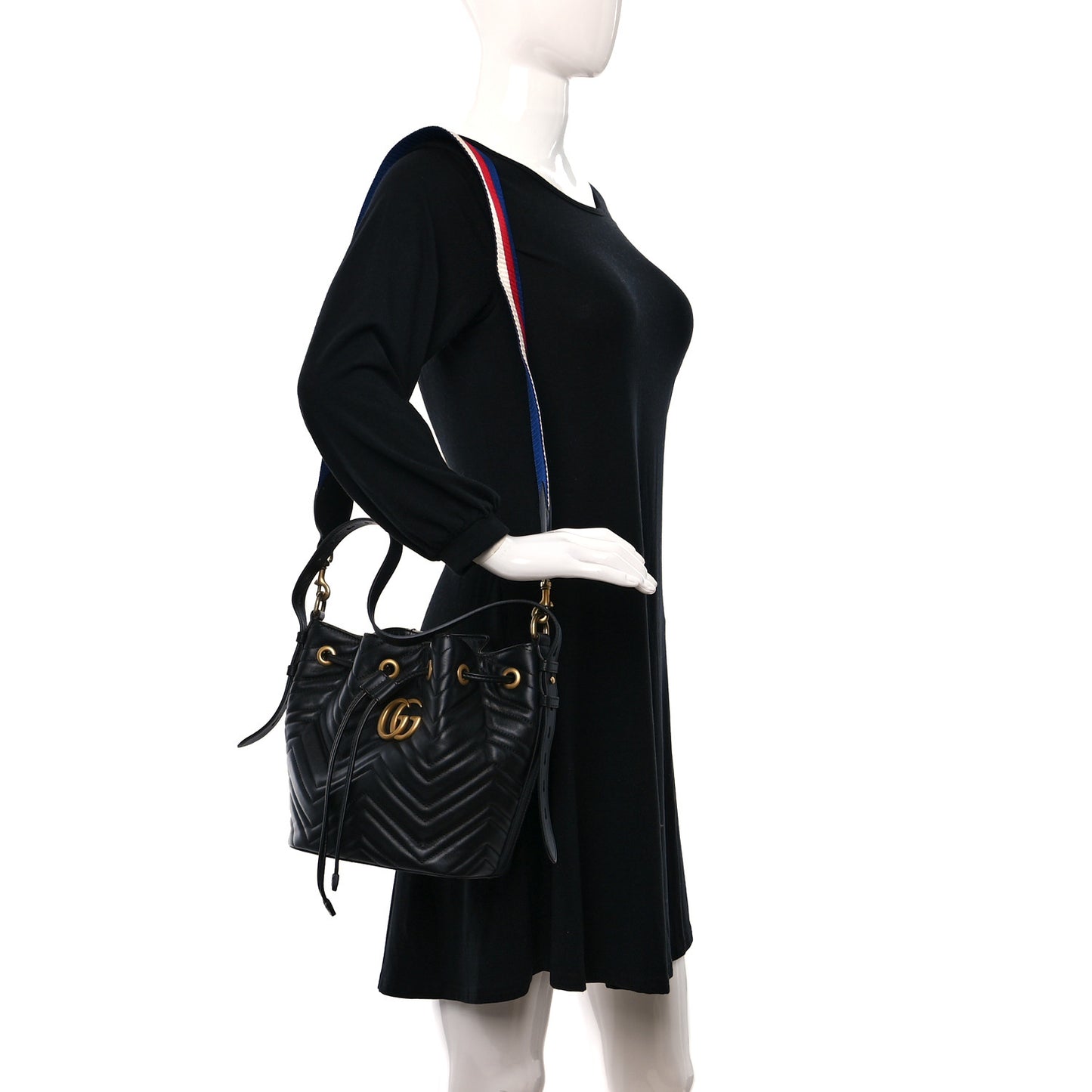 Calfskin Matelasse Sylvie Web GG Marmont Bucket Bag Black