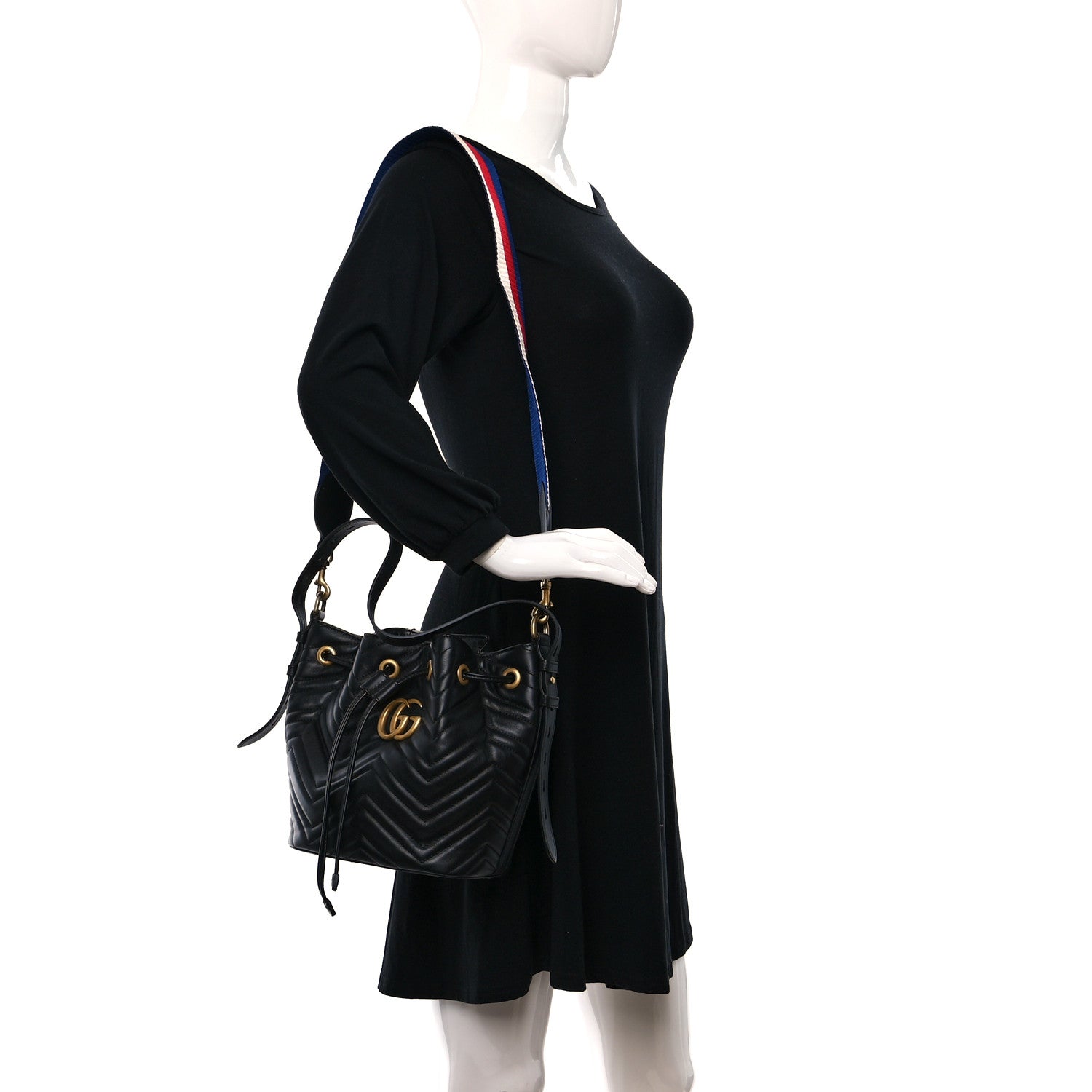 Gucci Calfskin Matelasse Sylvie Web GG Marmont Bucket Bag Black 2 of 9