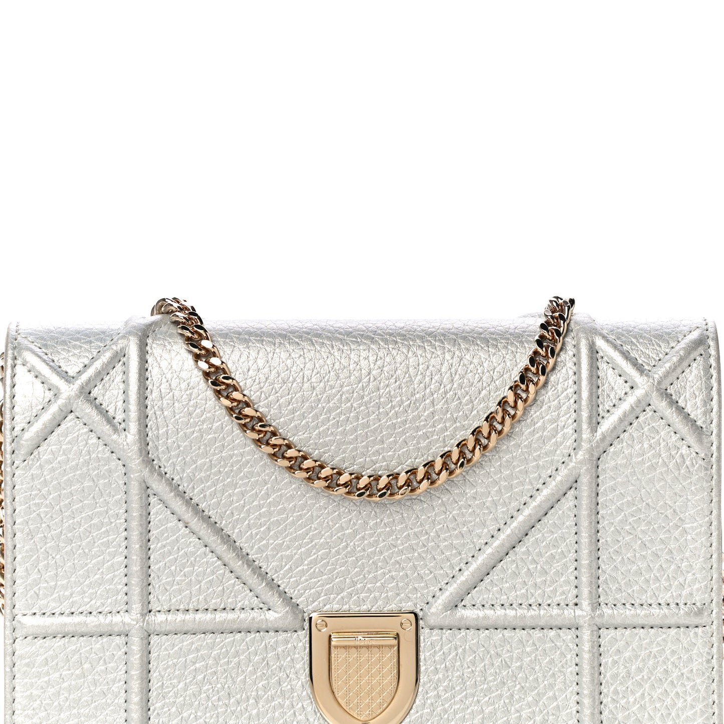 Metallic Grained Calfskin Diorama Wallet on Chain Pouch Silver