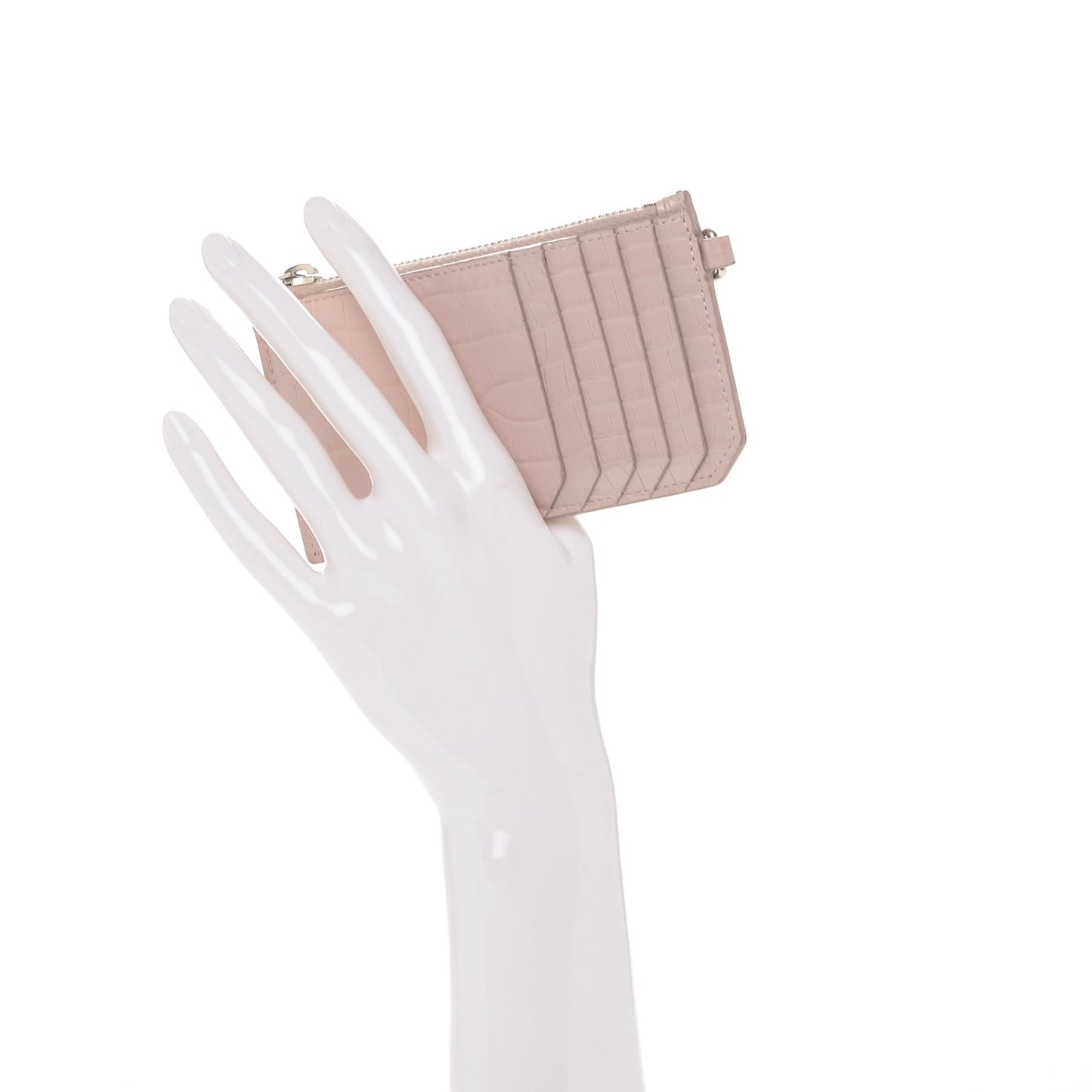 Calfskin Crocodile Embossed 5 Fragments Zip Pouch Card Holder Rose Antic