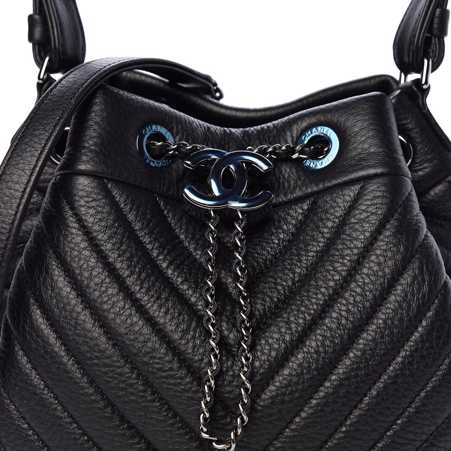 Deerskin Chevron Small CC Chain Bucket Bag Black