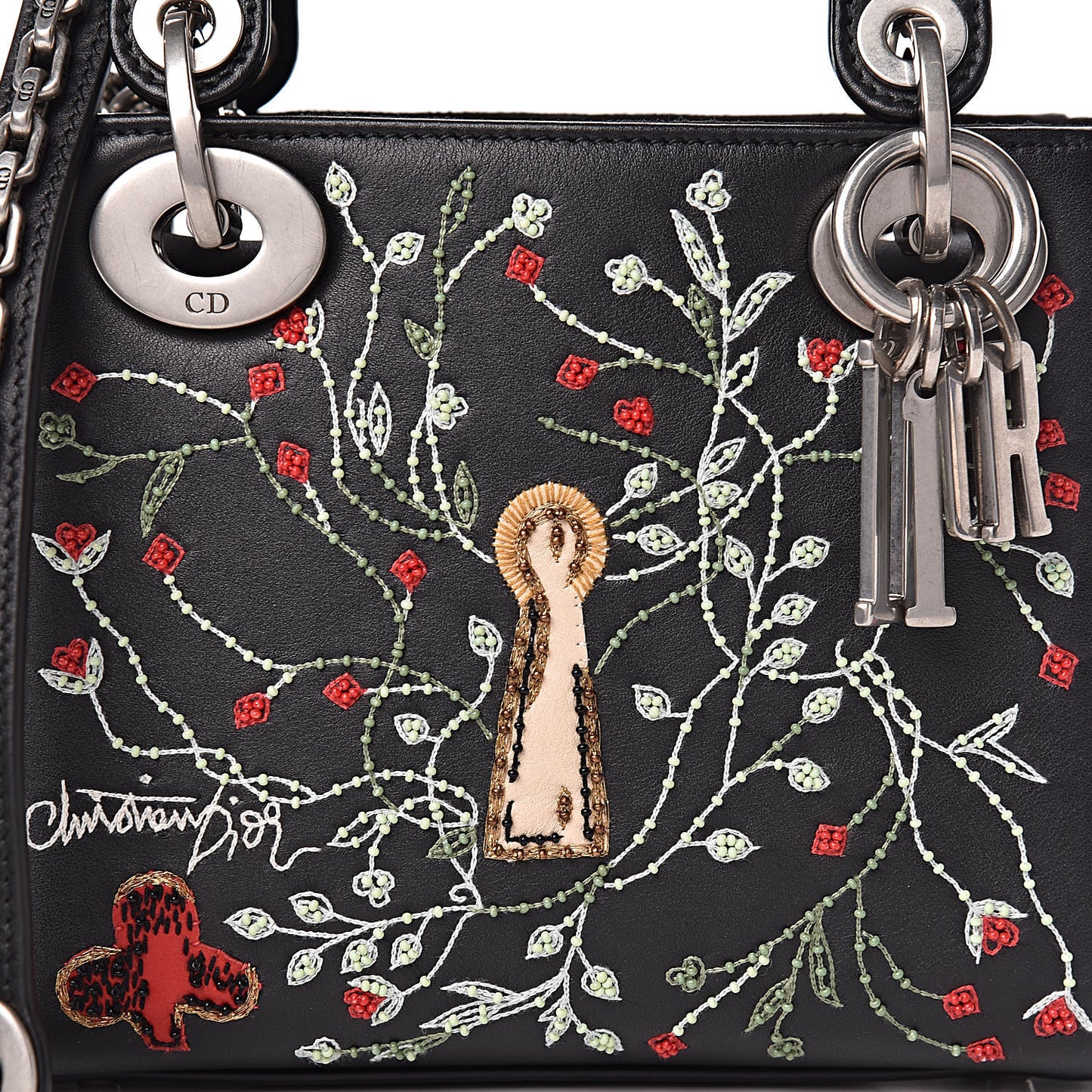 Smooth Calfskin Embroidered Mini Lady Dior Black Multicolor