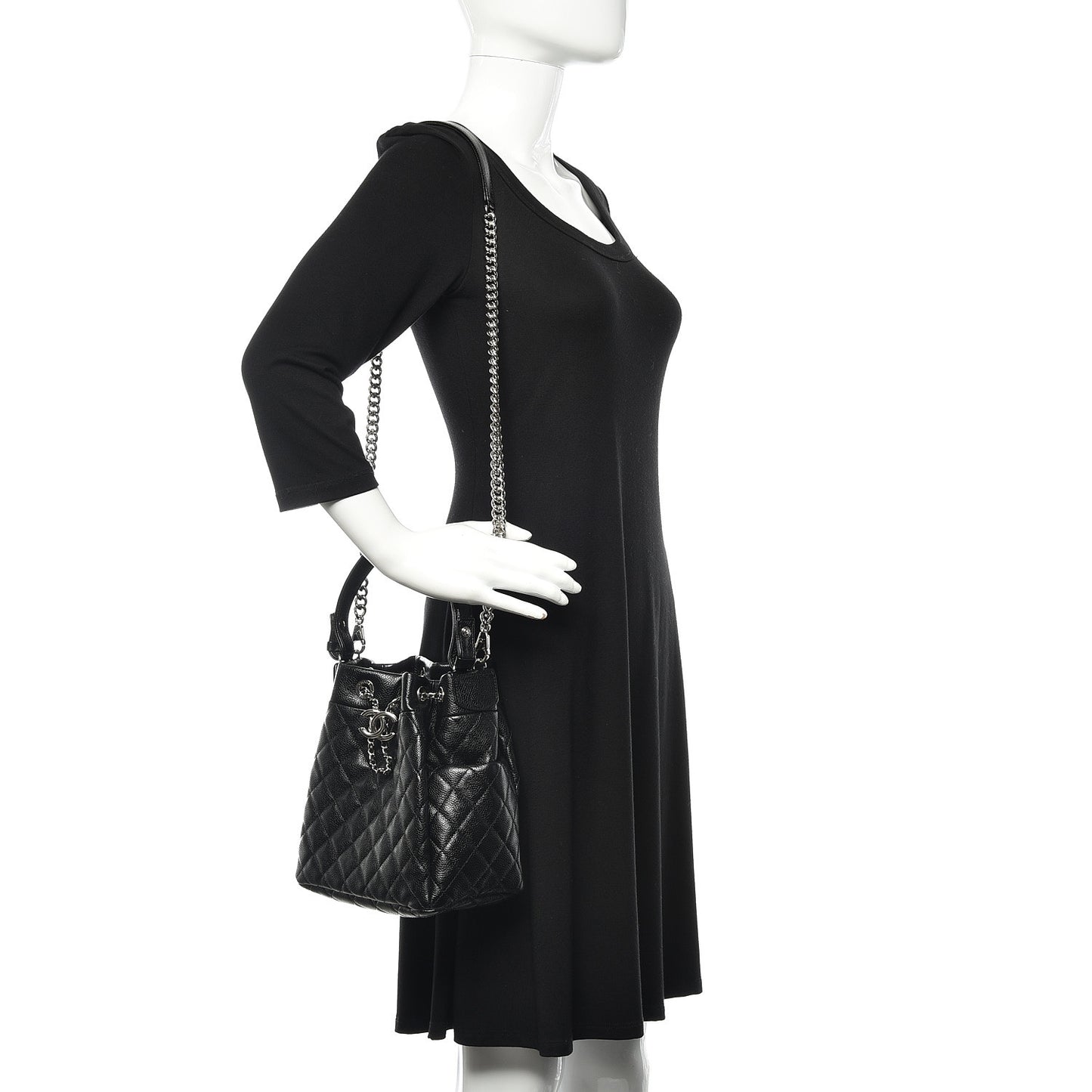 Grained Calfskin Quilted CC Chain Bucket Drawstring Bag Black