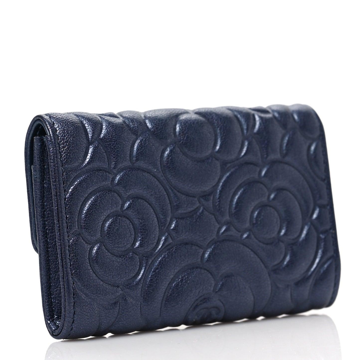 Goatskin Camellia Embossed Flap Card Holder Wallet Dark Blue