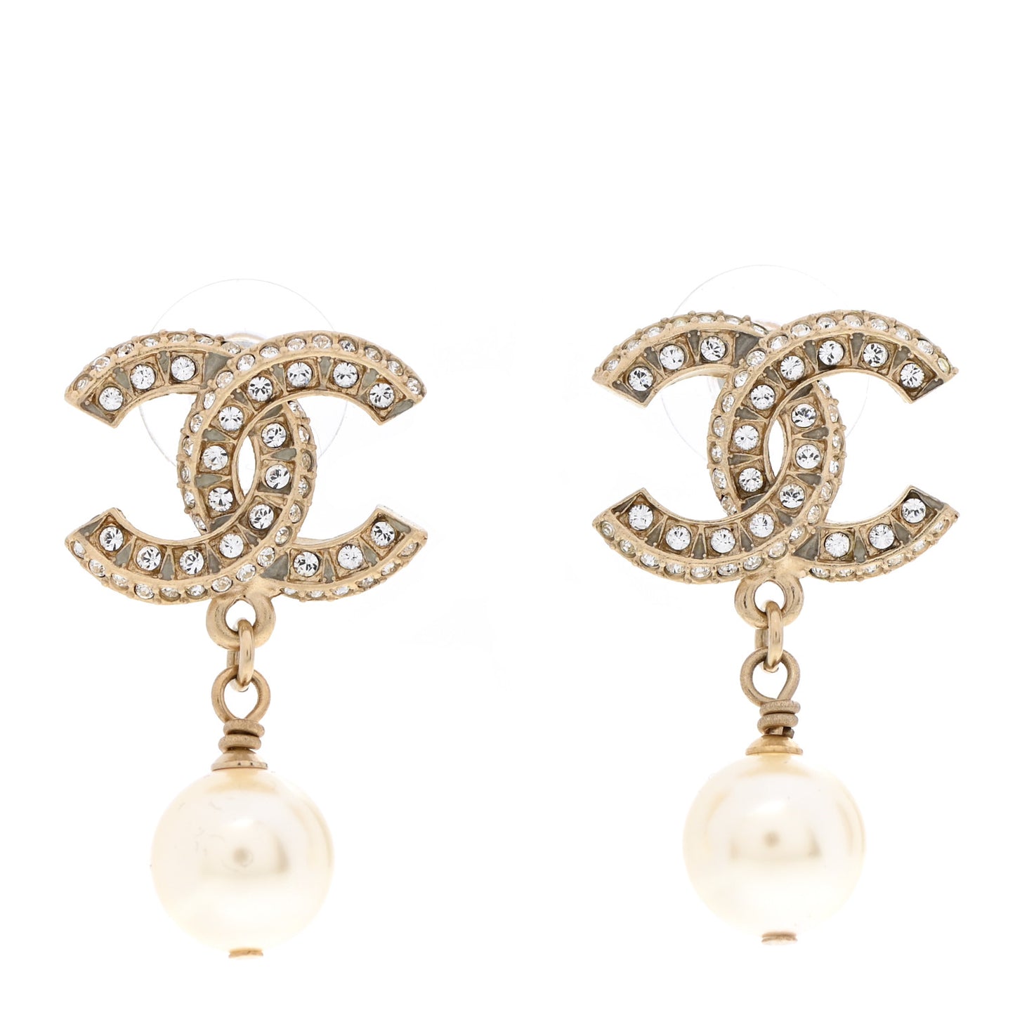Crystal Pearl CC Drop Earrings Gold