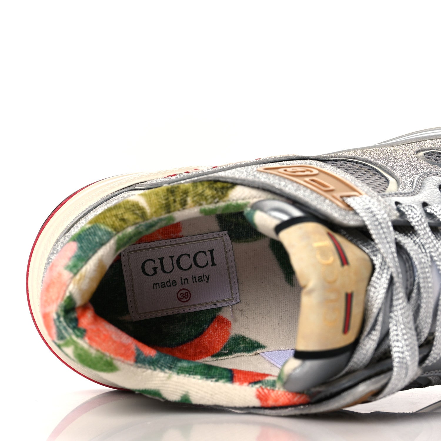Gucci Metallic Calfskin Glitter Mesh Womens Ultrapace Sneakers 38 Silver Light Grey Mystic White 6 of 6